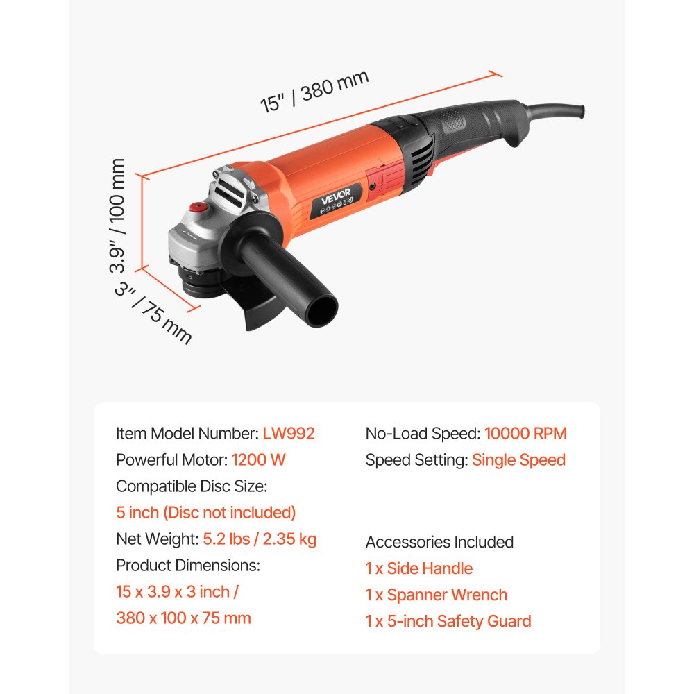 VEVOR Winkelschleifer, 127 mm, Trennschleifer, 10.000 U/min, Schleifer mit Kabel & verstellbarem Staubschutz zum Schleifen, Schneiden & Entrosten von Metall (Scheibe nicht im Lieferumfang enthalten)