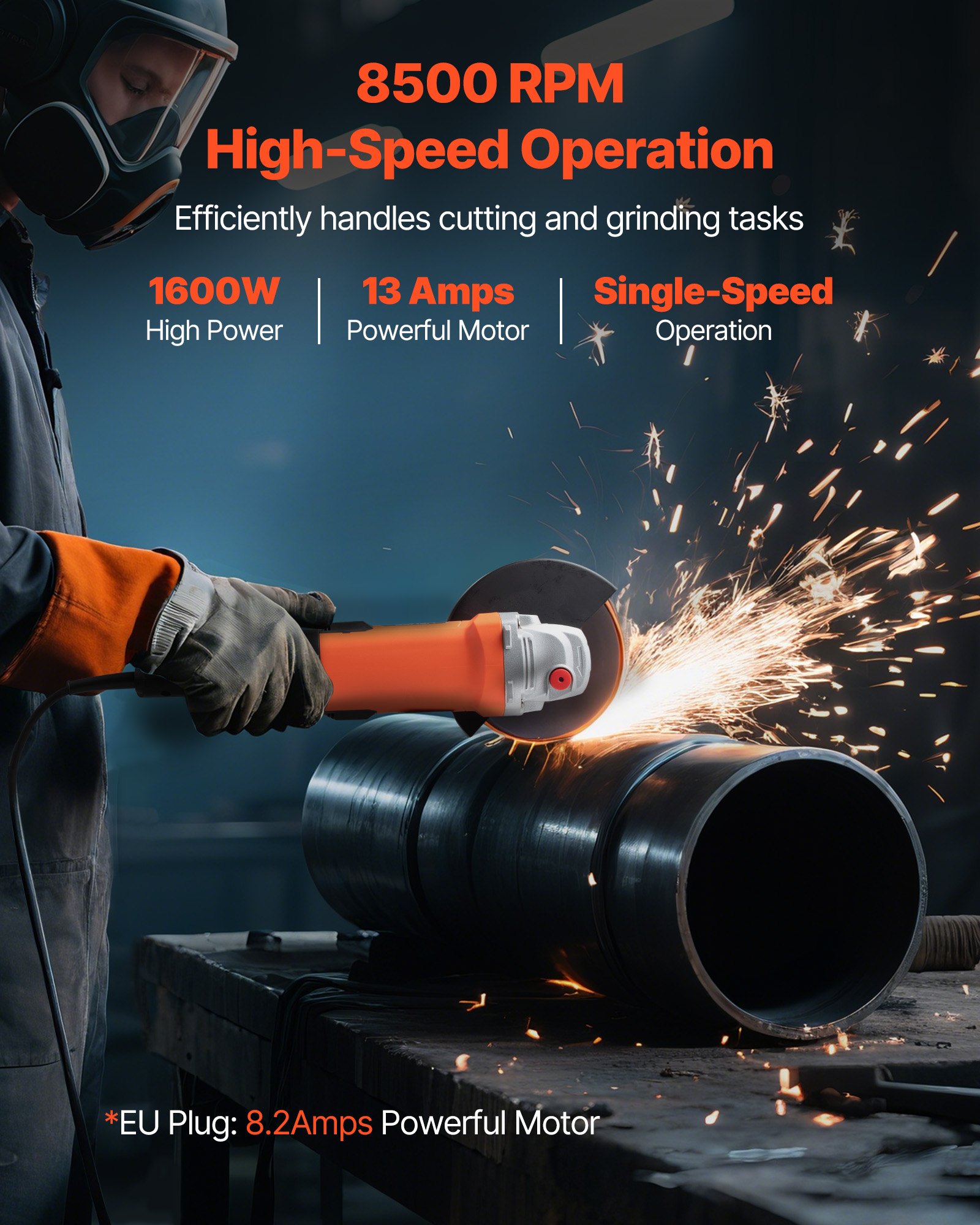 VEVOR Angle Grinder, 177.8mm Electric Grinder Power Tool, 8.2Amps 8500RPM High-Speed Corded Angle Grinders with Adjustable Dust Guard for Metal Grinding, Cutting, Rust Removal (Disc Not Included)