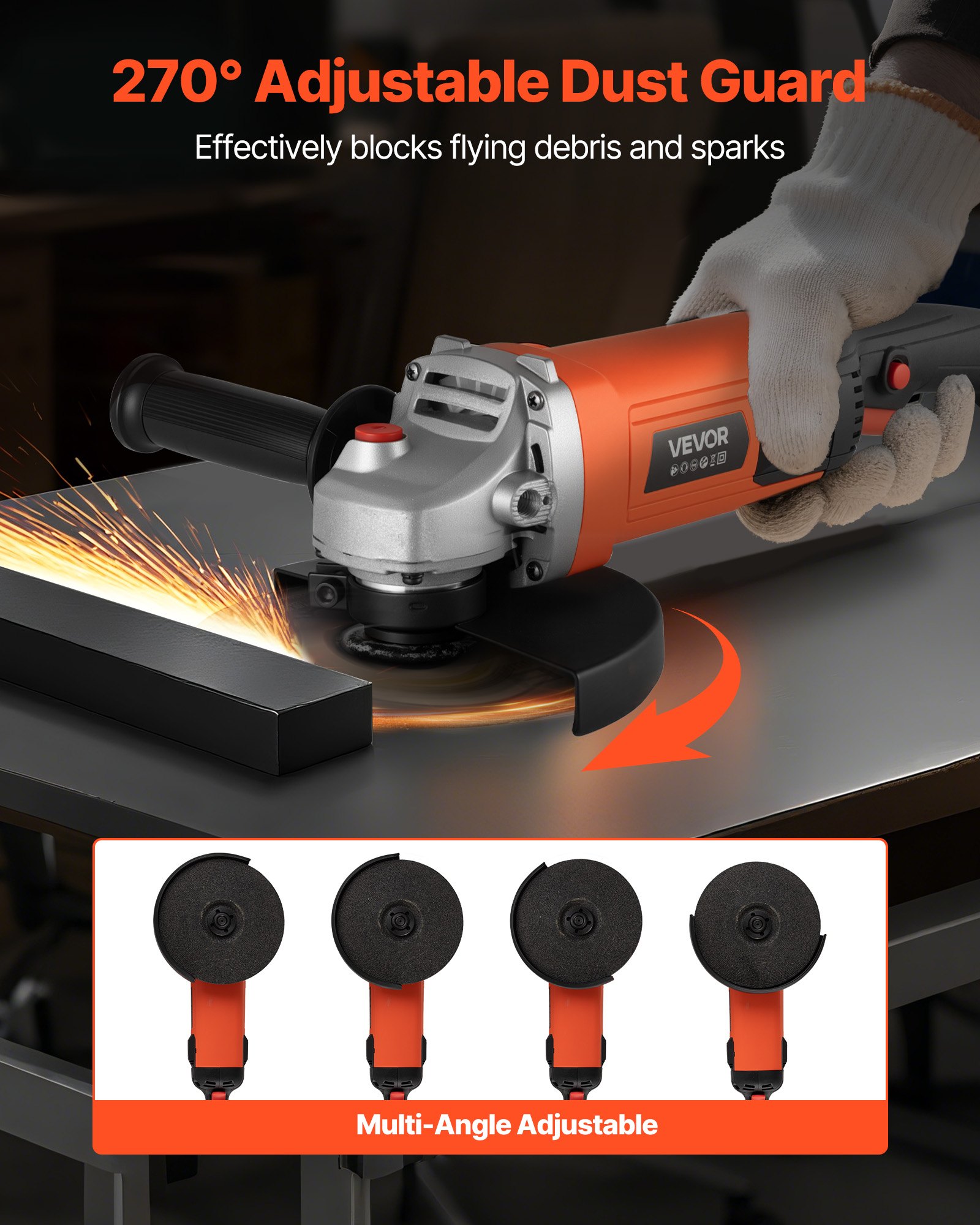 VEVOR Angle Grinder, 177.8mm Electric Grinder Power Tool, 8.2Amps 8500RPM High-Speed Corded Angle Grinders with Adjustable Dust Guard for Metal Grinding, Cutting, Rust Removal (Disc Not Included)