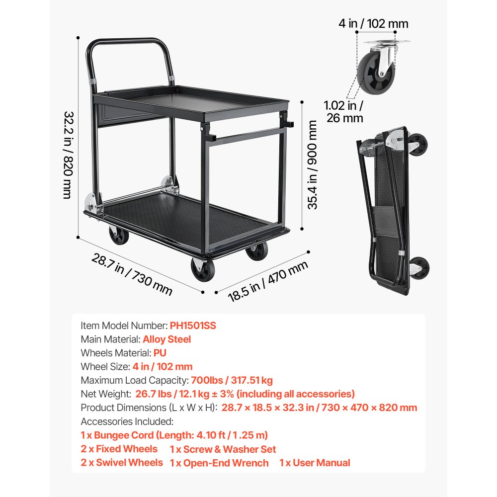 VEVOR Tischwagen Klappbar 317 kg, Plattformwagen mit PU-Rädern, Werkzeugwagen, Werkstattwagen, Materialwagen, Transportwagen mit 2 Etagen, für Lager, Garage, Werkstatt, Büro, 730x470x820 mm