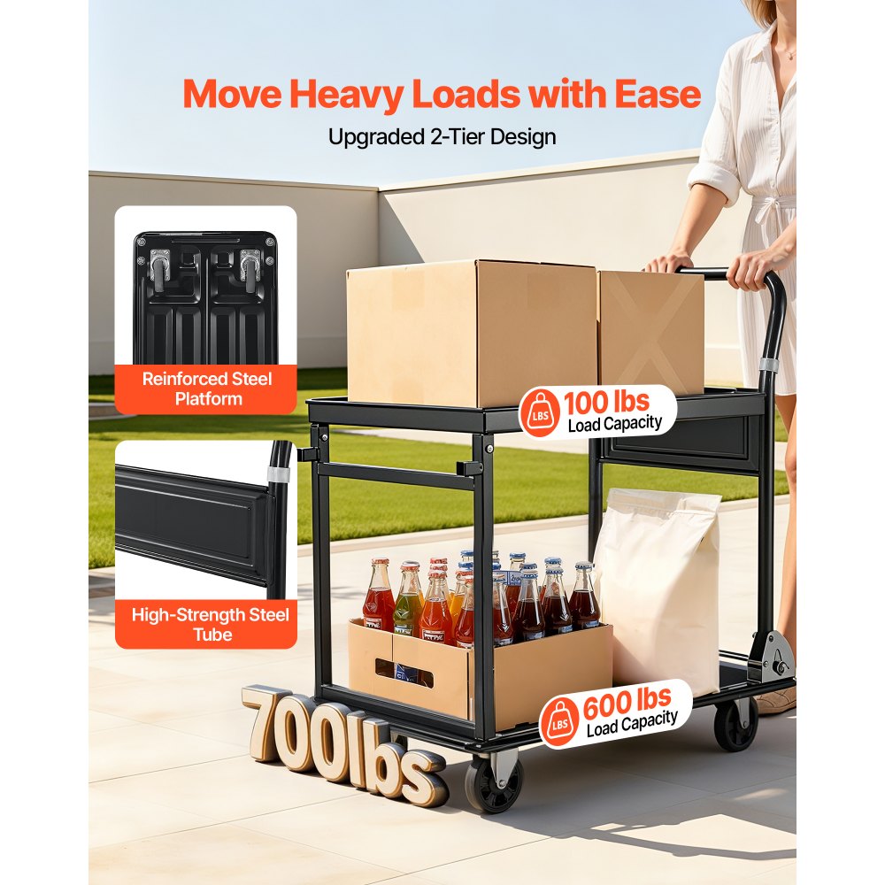 VEVOR Tischwagen Klappbar 317 kg, Plattformwagen mit PU-Rädern, Werkzeugwagen, Werkstattwagen, Materialwagen, Transportwagen mit 2 Etagen, für Lager, Garage, Werkstatt, Büro, 730x470x820 mm
