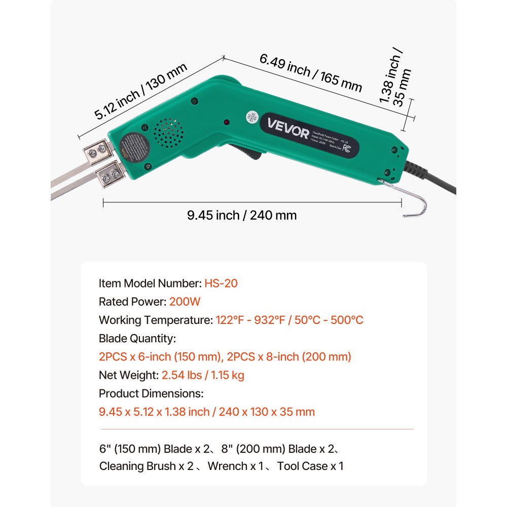 VEVOR Styroporschneider, 200 W Styrocutter, 50-500 °C einstellbarer Schaumstoffschneider mit 150 mm & 200 mm Schneidklingen für KT-Platten, Polyethylen, Schwamm, Gummi – Werkzeugkasten enthalten