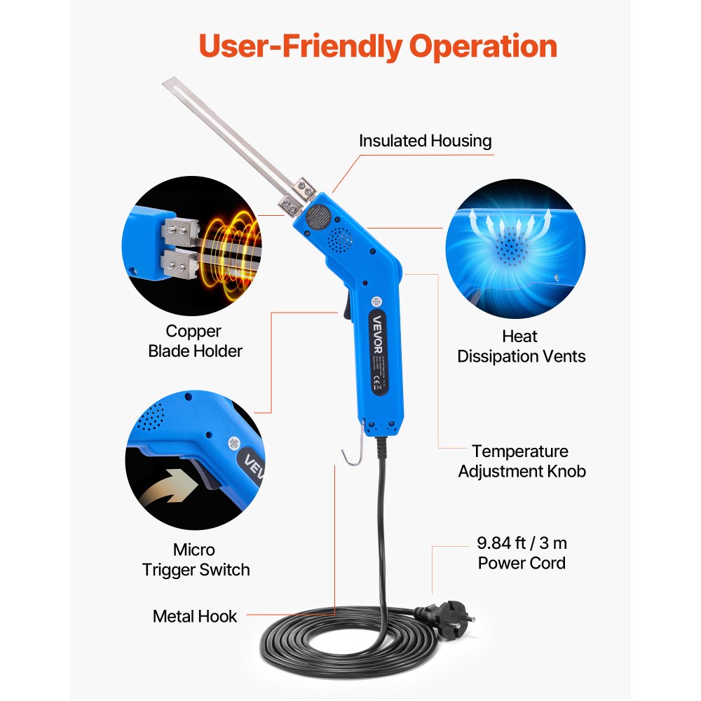 VEVOR Hot Knife Foam Cutter, 200W Electric Foam Cutting Tool, 50℃ - 500℃ Adjustable Styrofoam Cutter with 150mm & 200mm Cutting Blades for KT Board, Polyethylene, Sponge, Rubber - Tool Box Included