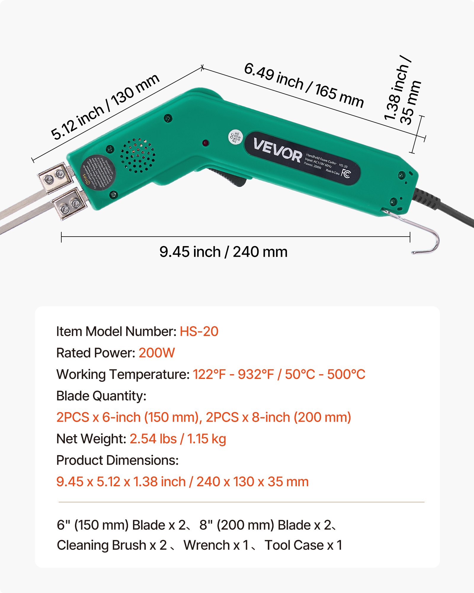 VEVOR Styroporschneider, 200 W Styrocutter, 50-500 °C einstellbarer Schaumstoffschneider mit 150 mm & 200 mm Schneidklingen für KT-Platten, Polyethylen, Schwamm, Gummi – Werkzeugkasten enthalten