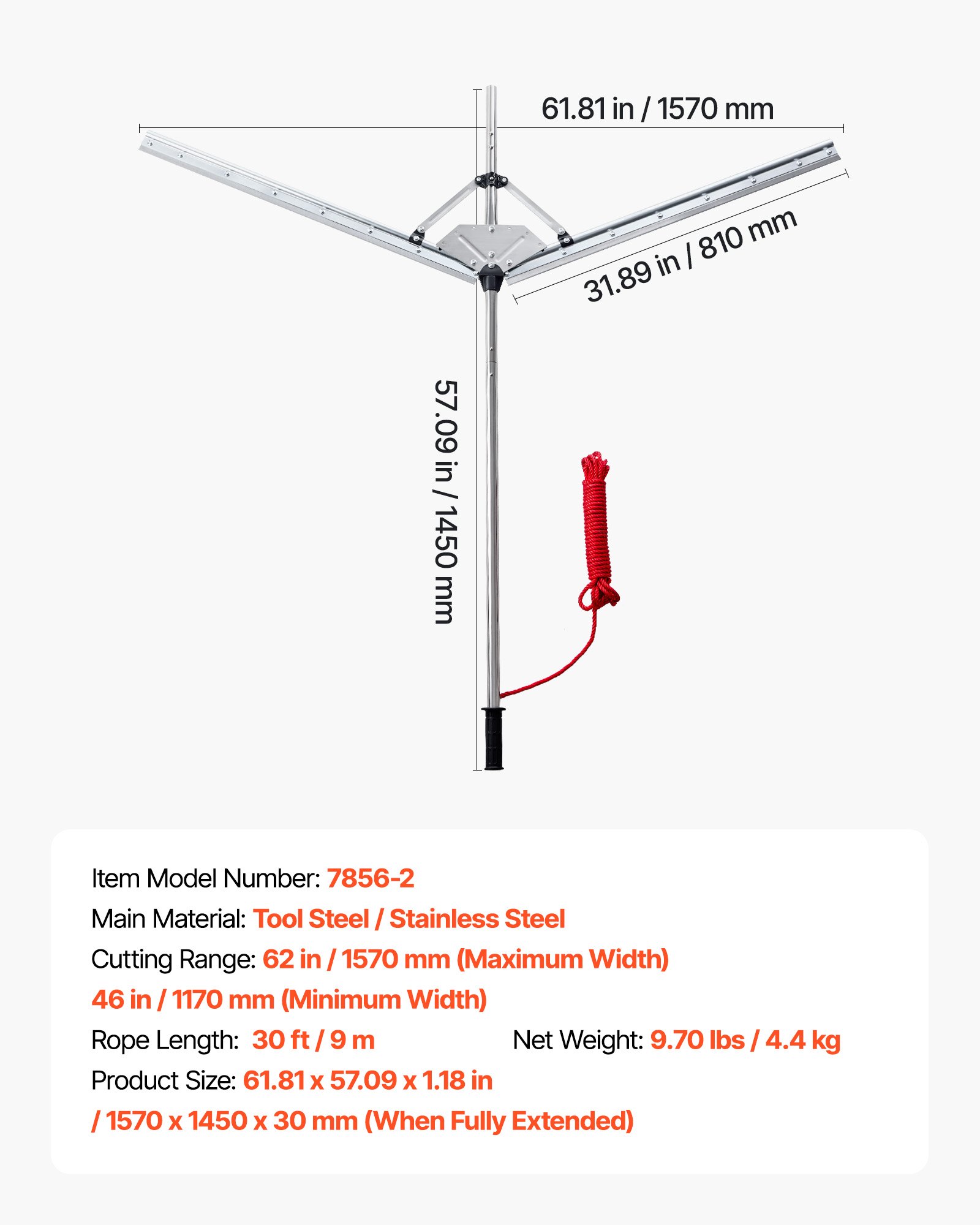 VEVOR Teichrechen, Wasser Unkrautrechen mit 157 cm max. Schnittbreite, Stahlklingen, See-Unkrautschneider mit 9 m Nylonseil, Seerechen zum Entfernen von Rohrkolben, Schilf, Seerosenblätter