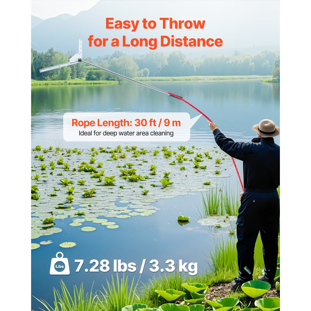 VEVOR Lake Weed Cutter, Pond Aquatic Plant Cutting Tool with 0.94 m Max. Cut Width, Sharp and Heavy-Duty Steel Blades, Pond Rake with 9 m Throw Rope, for Cattail, Phragmites, Lilly Pads and Chara
