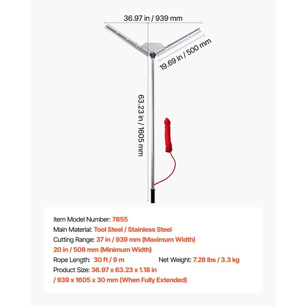 VEVOR Lake Weed Cutter, Pond Aquatic Plant Cutting Tool with 0.94 m Max. Cut Width, Sharp and Heavy-Duty Steel Blades, Pond Rake with 9 m Throw Rope, for Cattail, Phragmites, Lilly Pads and Chara