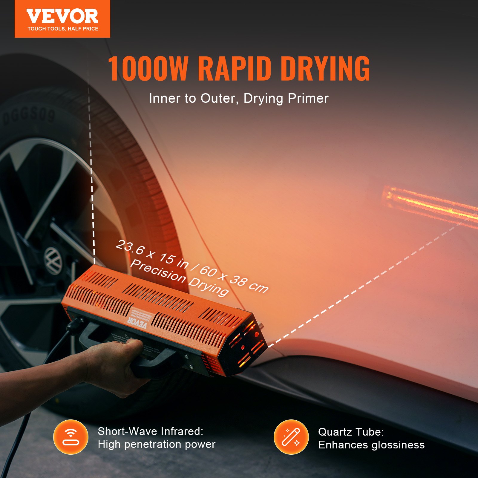 VEVOR Infrarot-Härtungslampe, 1000 W hohe Leistung, tragbares Auto-Heizlicht zum Aushärten, 2,3 m² große Backfläche, Sprüh-Backkabinenheizungen, Lacktrockner für Reparaturen vor Ort, Motortrocknung