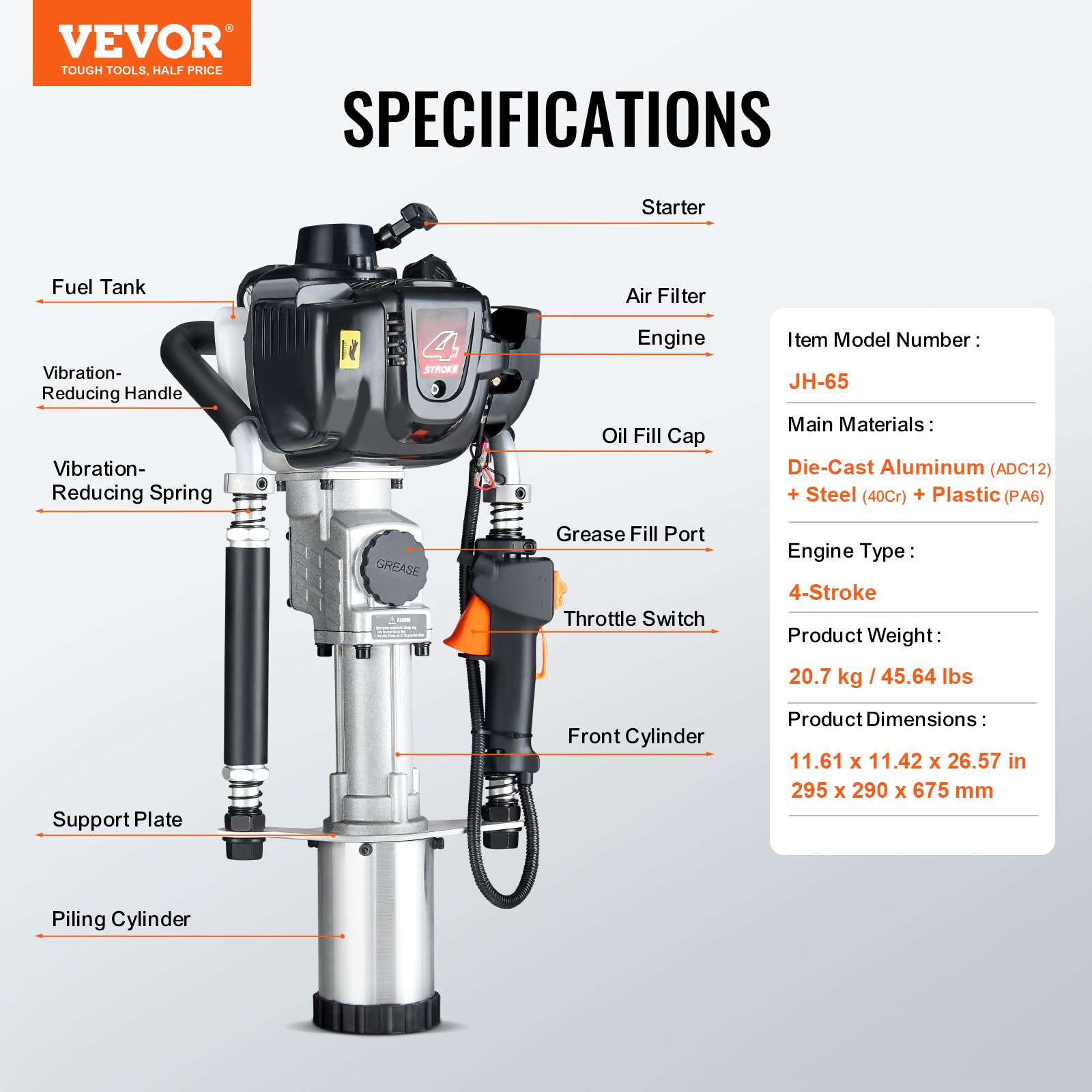 VEVOR 37,77 ccm Benzinbetriebener T-Pfostenrammer, 4-Takt-Zaunpfahlramme mit Benzinmotor, mit 3 Pfosten-Rammköpfen (45/55/88 mm), tragbarer 1000-W-Pfostenramme für Bauernhöfe, Ranchzäune, Straßenverbesserungen