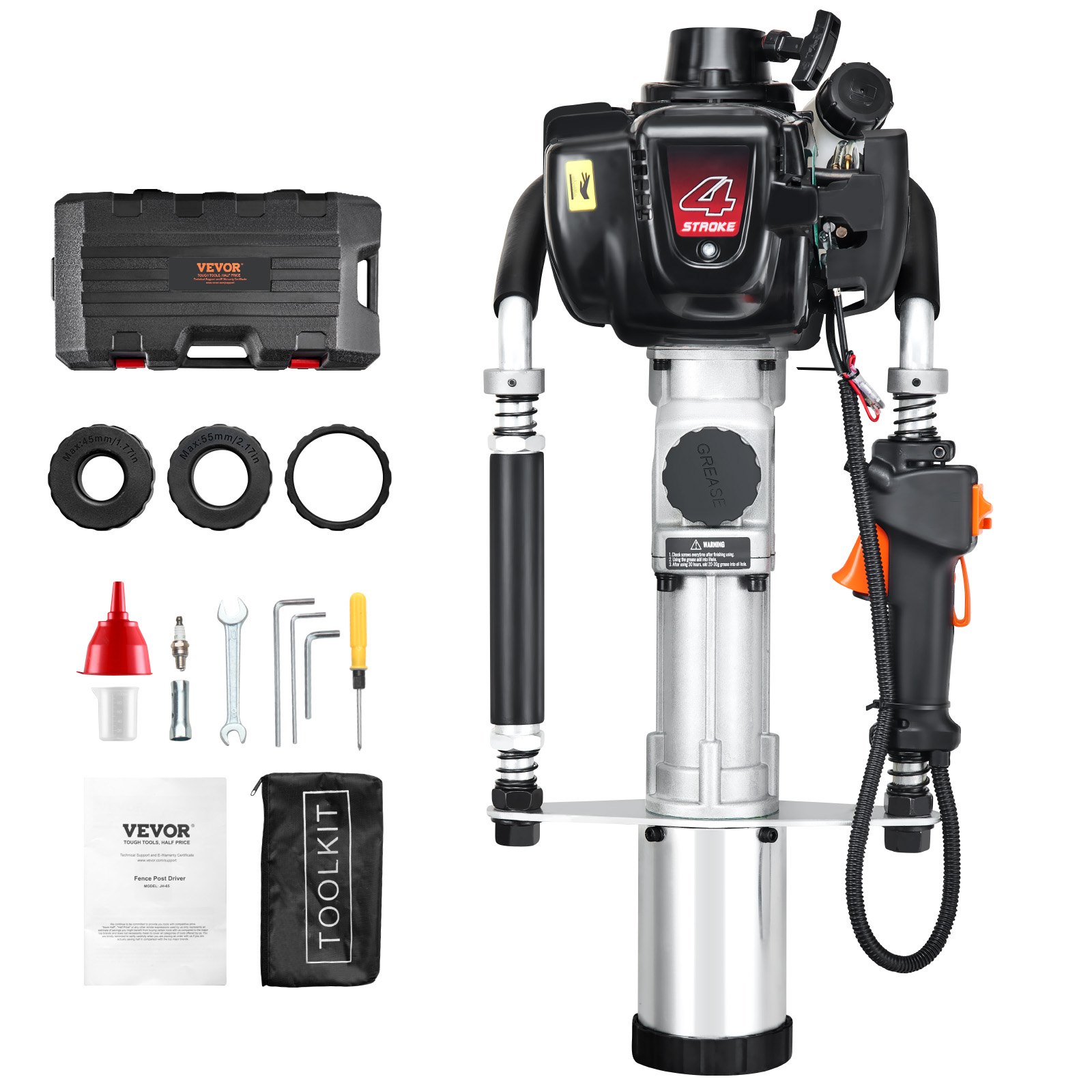 VEVOR 37,77 ccm Benzinbetriebener T-Pfostenrammer, 4-Takt-Zaunpfahlramme mit Benzinmotor, mit 3 Pfosten-Rammköpfen (45/55/88 mm), tragbarer 1000-W-Pfostenramme für Bauernhöfe, Ranchzäune, Straßenverbesserungen