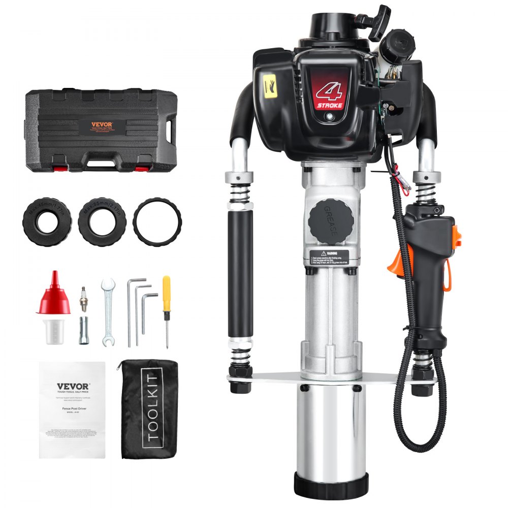 VEVOR 37,77 ccm Benzinbetriebener T-Pfostenrammer, 4-Takt-Zaunpfahlramme mit Benzinmotor, mit 3 Pfosten-Rammköpfen (45/55/88 mm), tragbarer 1000-W-Pfostenramme für Bauernhöfe, Ranchzäune, Straßenverbesserungen