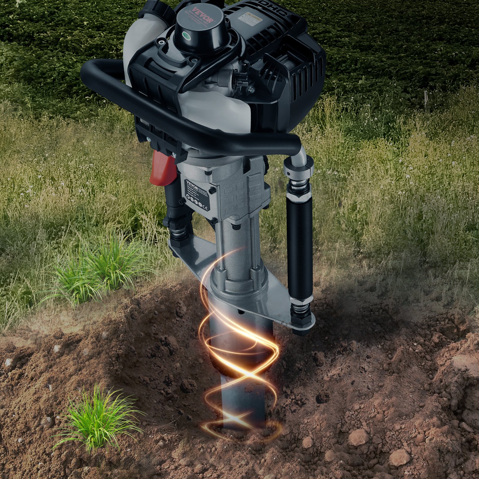 VEVOR 37,77 ccm Benzinbetriebener T-Pfostenrammer, 4-Takt-Zaunpfahlramme mit Benzinmotor, mit 3 Pfosten-Rammköpfen (45/55/88 mm), tragbarer 1000-W-Pfostenramme für Bauernhöfe, Ranchzäune, Straßenverbesserungen