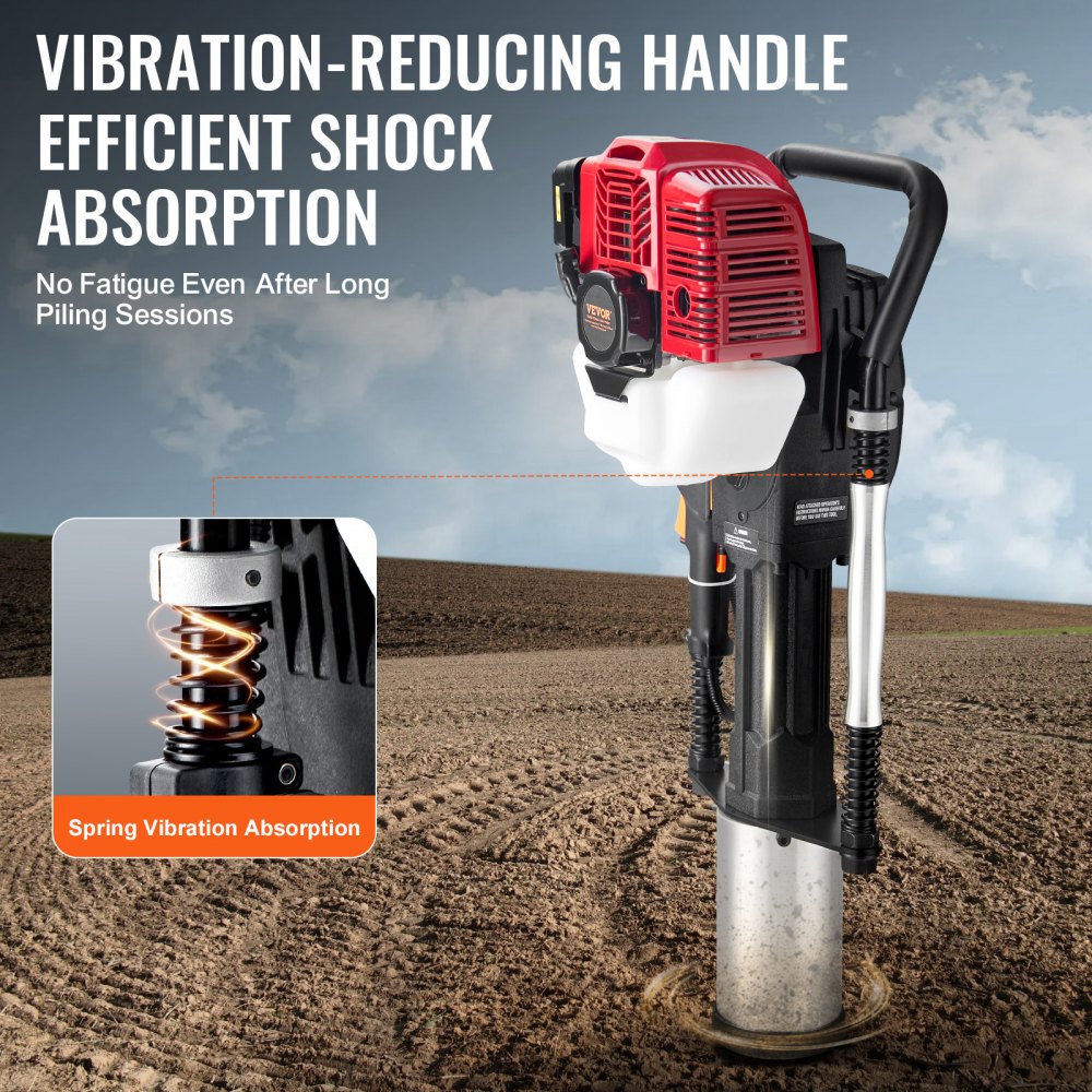 VEVOR 52cc Petrol-Powered T-Post Driver, Fence Driver with 2-Stroke Engine, Portable 1400W Post Driver with 3 Post Driving Heads (49/69/100 mm), for Farms, Ranch Fences, Road Improvements