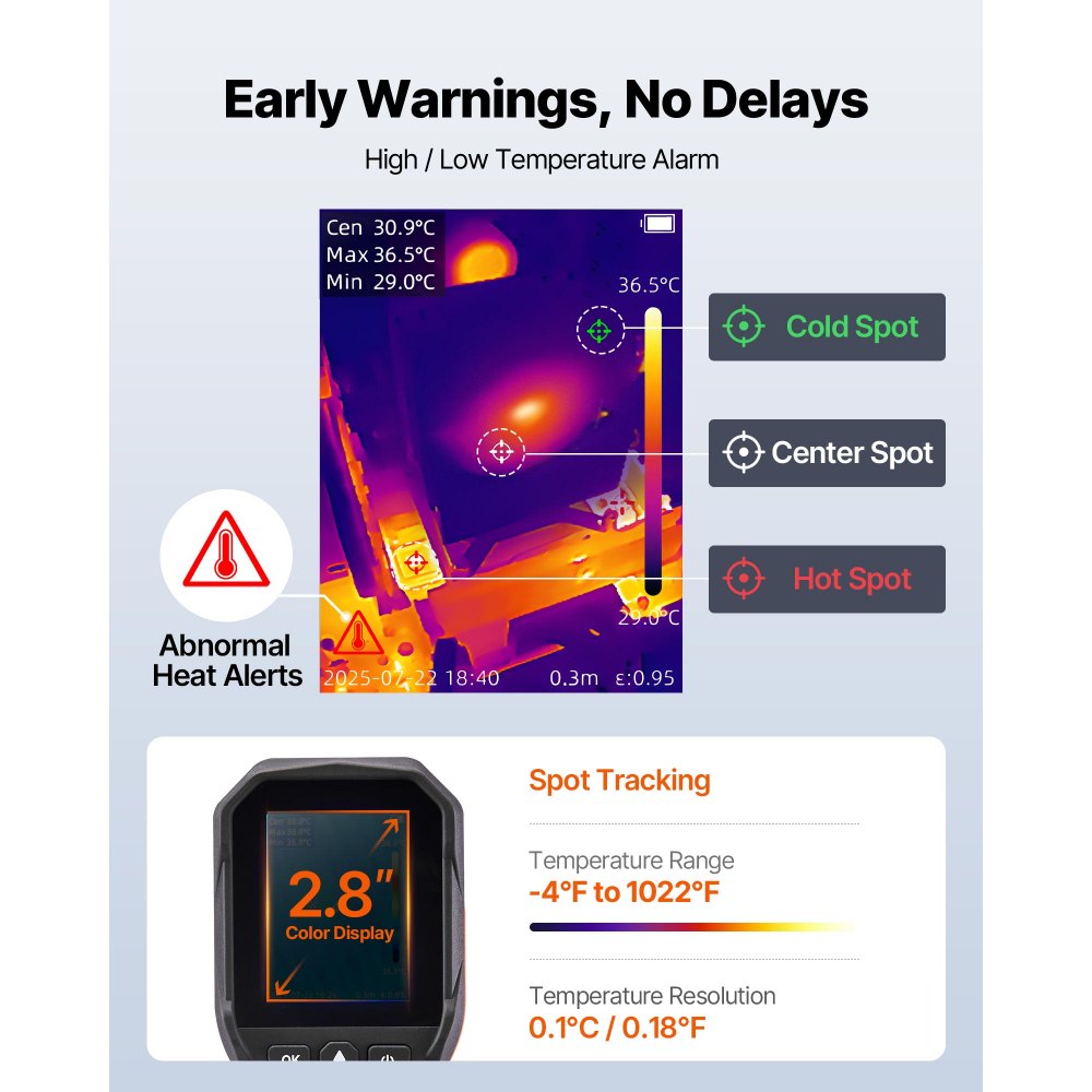 VEVOR Wärmebildkamera, 320 x240 TISR Superauflösung, handheld Thermokamera mit 2MP visueller Kamera, 256 x 192 IR-Auflösung, 25 Hz Bildwiederholfrequenz, -20 °C bis 450 °C, 4 Bildmodi und 6 Farbpaletten