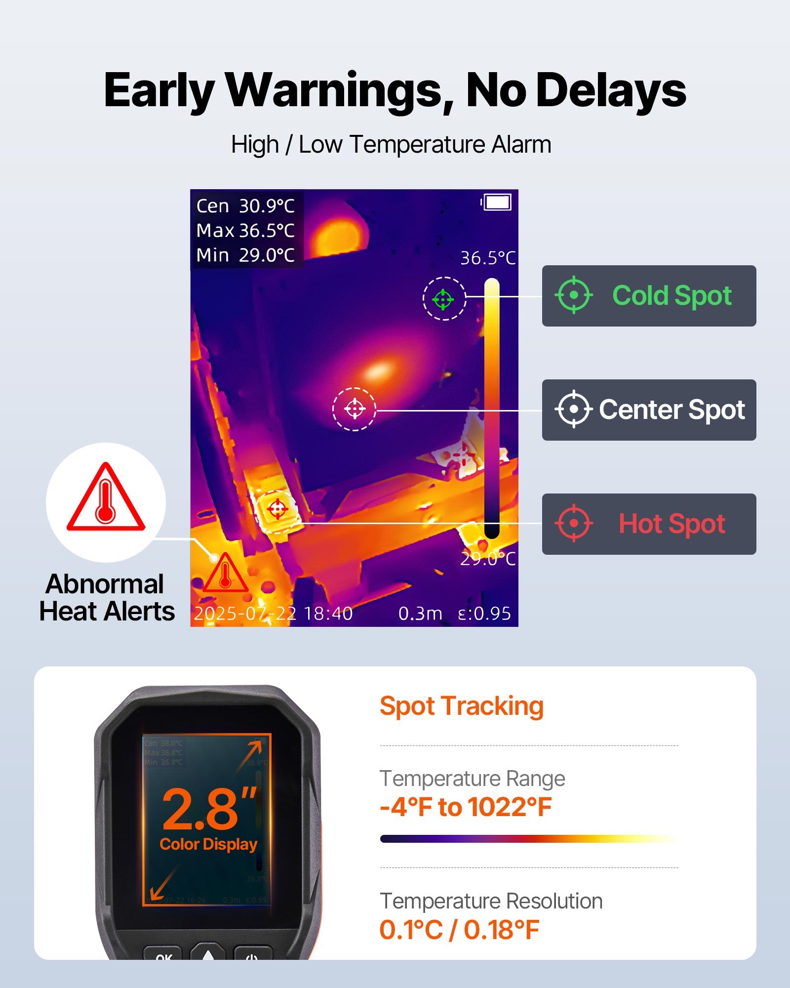 VEVOR Wärmebildkamera, 320 x240 TISR Superauflösung, handheld Thermokamera mit 2MP visueller Kamera, 256 x 192 IR-Auflösung, 25 Hz Bildwiederholfrequenz, -20 °C bis 450 °C, 4 Bildmodi und 6 Farbpaletten