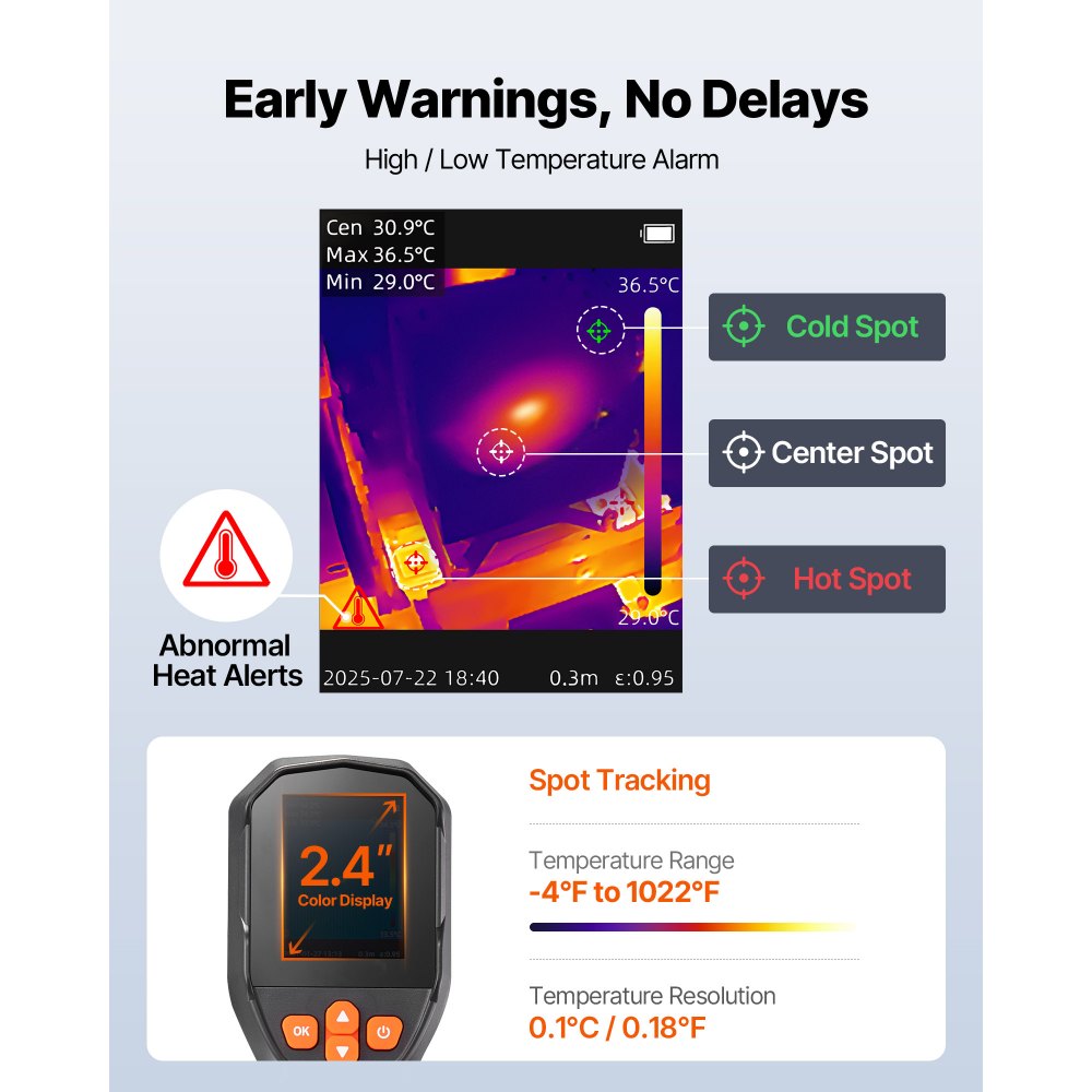 VEVOR Wärmebildkamera, TISR Superauflösung 240x180, handheld Thermokamera mit 2 MP visueller Kamera, 96x96 IR-Auflösung, 25 Hz Bildwiederholfrequenz, -20 -550 °C, 4 Bildmodi & 6 Farbpaletten