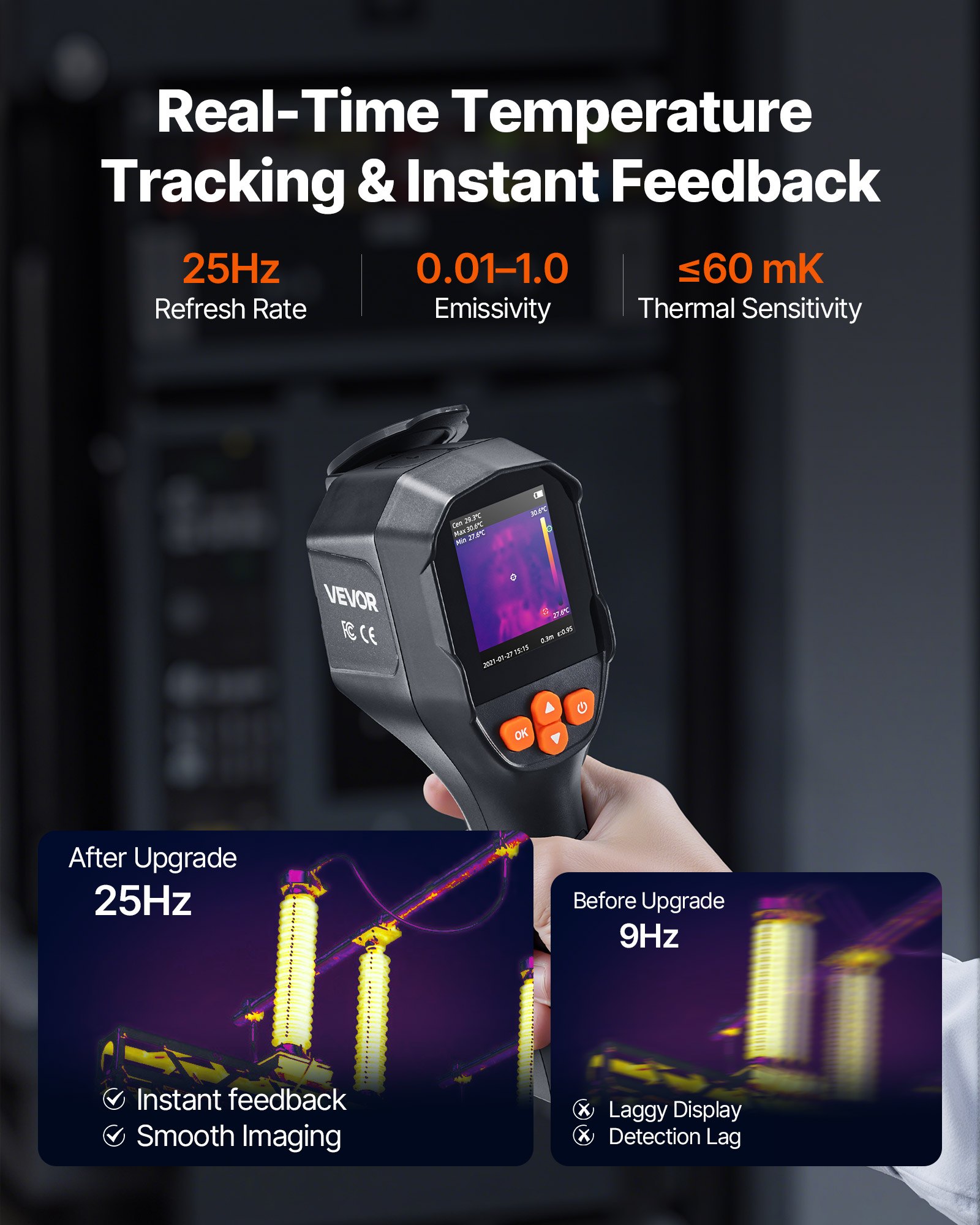 VEVOR Wärmebildkamera, TISR Superauflösung 240x180, handheld Thermokamera mit 2 MP visueller Kamera, 96x96 IR-Auflösung, 25 Hz Bildwiederholfrequenz, -20 -550 °C, 4 Bildmodi & 6 Farbpaletten