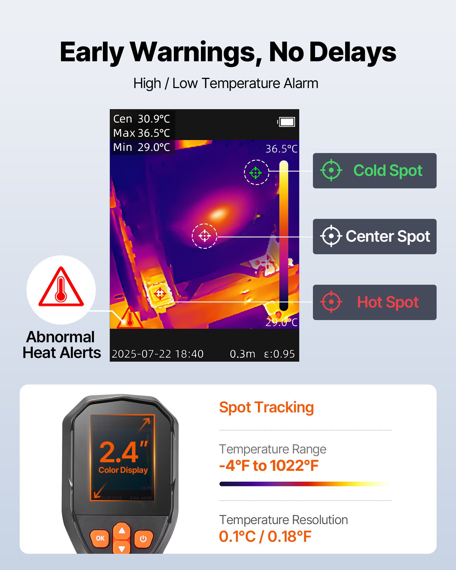 VEVOR Wärmebildkamera, TISR Superauflösung 240x180, handheld Thermokamera mit 2 MP visueller Kamera, 96x96 IR-Auflösung, 25 Hz Bildwiederholfrequenz, -20 -550 °C, 4 Bildmodi & 6 Farbpaletten