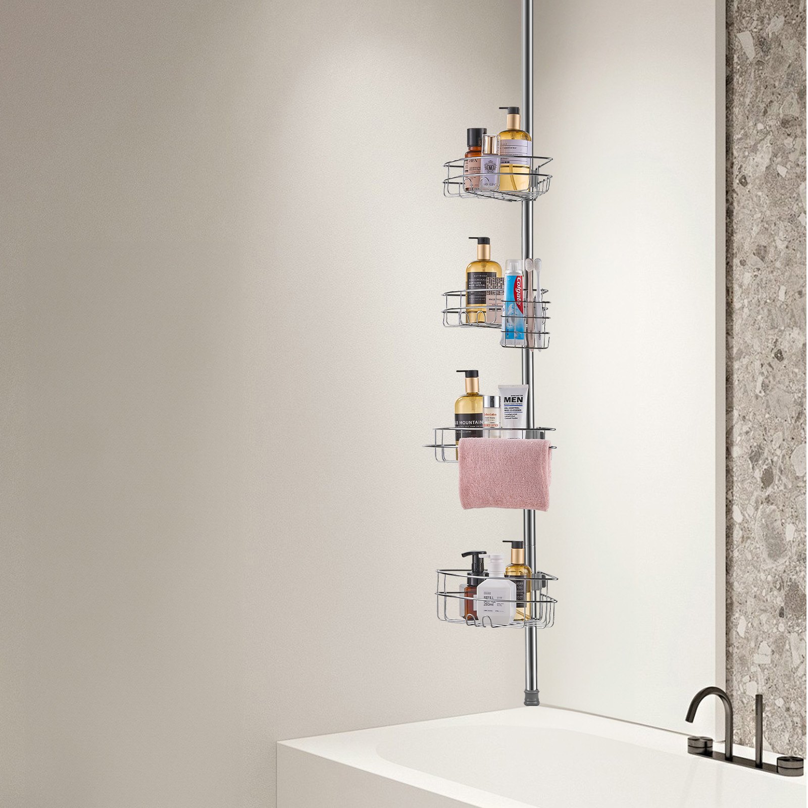 VEVOR Eckablage Duschablage Duschregal Eckduschablage 1422-2895 mm hohe Spannstange, multifunktionale Aufbewahrung für die Dusche mit starker, tragfähiger Ablage geeignet für Badezimmer Waschräume