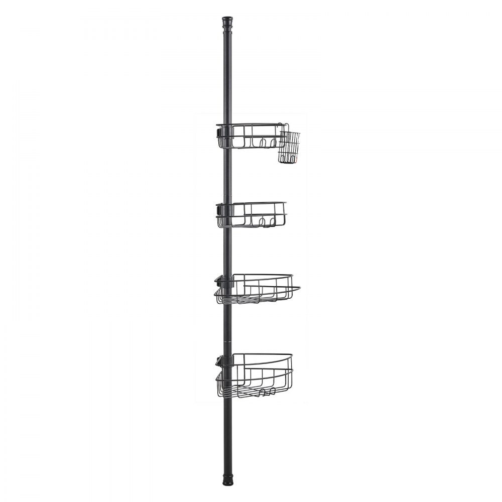 VEVOR Tension Rod for Corner Shower Shelf 1422-2895 mm High, Multifunctional Tension Rod with Strong & Load-Bearing Shelf, Tension Rod Suitable for Bathrooms and Washrooms, Black, 4 Layers
