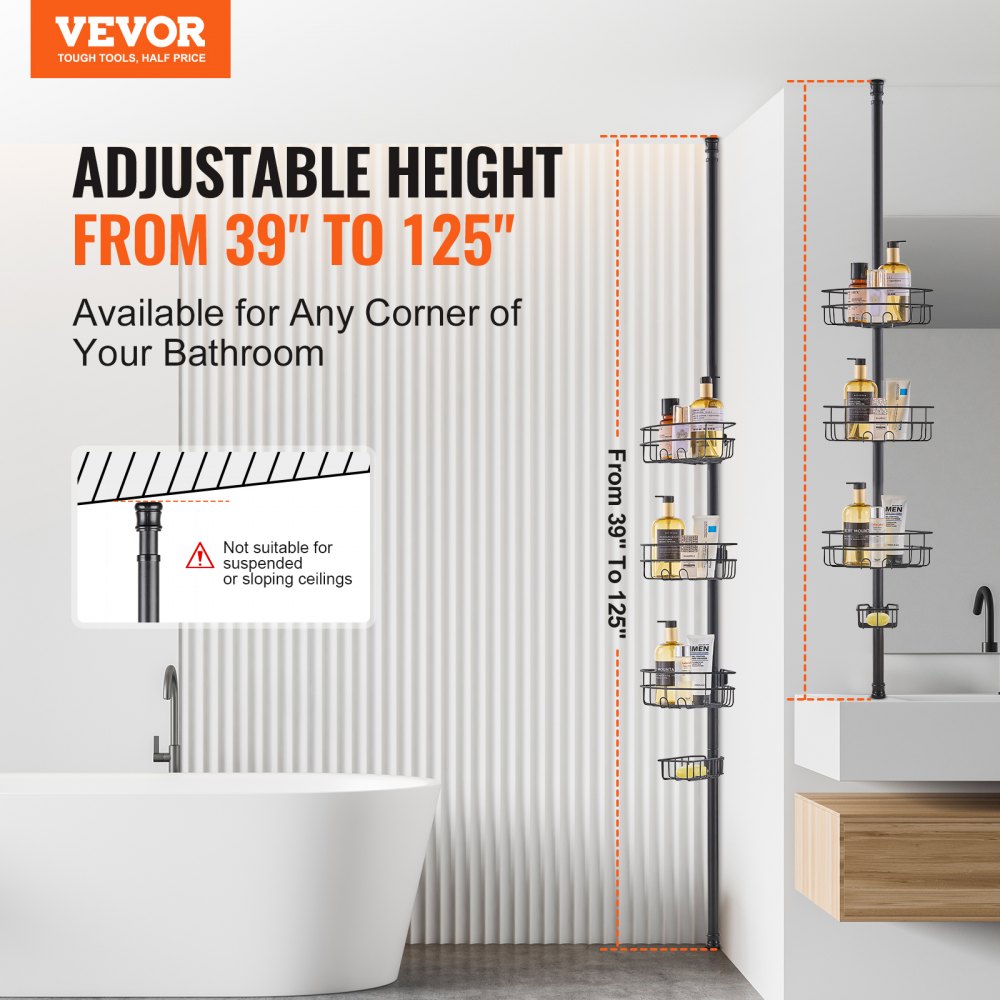 VEVOR Tension Rod for Corner Shower Shelf 991-3175 mm High, Multifunctional Tension Rod for Showers with Strong & Load-Bearing Shelf, Tension Rod for Bathrooms and Washrooms, Black, 3 Layers