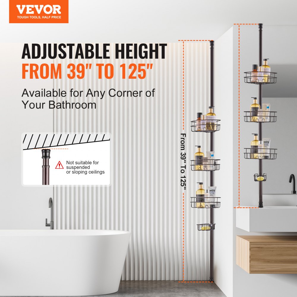 VEVOR Tension Rod for Corner Shower Shelf 991-3175 mm High, Multifunctional Tension Rod for Showers with Strong & Load-Bearing Shelf, Tension Rod for Bathrooms and Washrooms, Bronze, 3 Layers