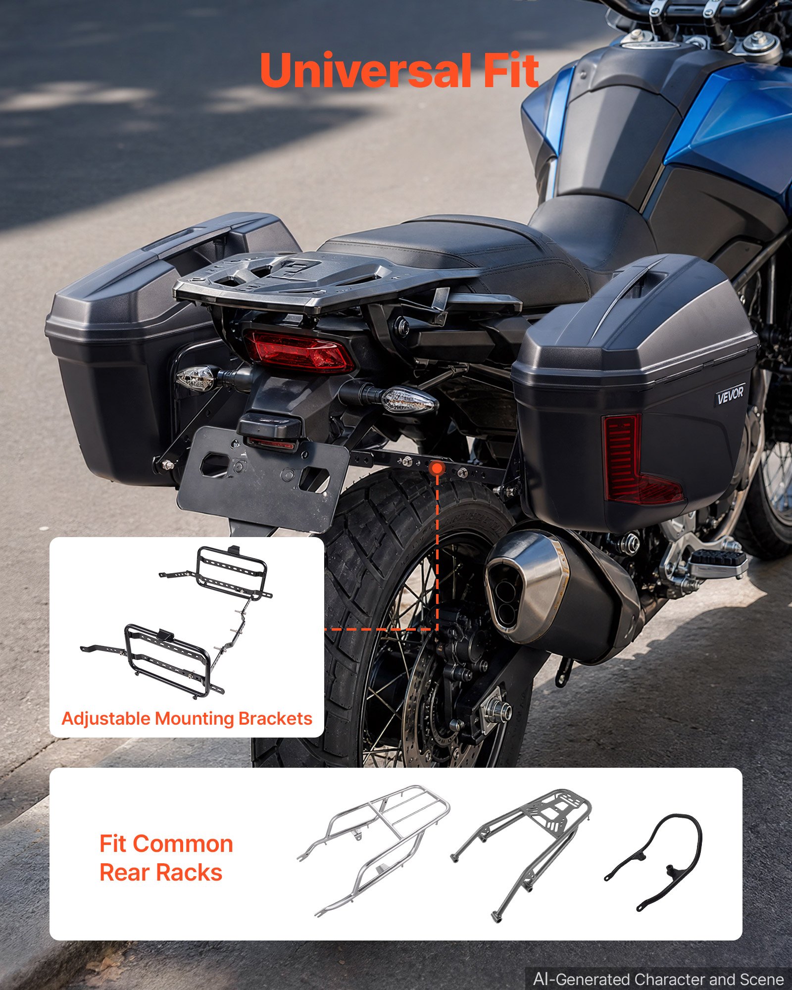 VEVOR Motorrad-Seitenkoffer 2 x 23 L mit Halterungen aus ABS, Schwarze Seitencase mit 3-Stufen-Verriegelung, Roten Reflektoren, Sicherheitsschlössern und Schlüsseln, IPX4-Spritzwasserschutz