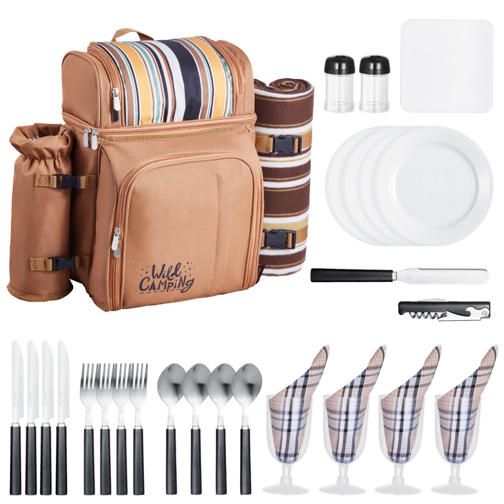VEVOR Picknickrucksack Picknicktasche Outdoor (25 L) für 4 Personen mit isoliertem & Kühlfach & abnehmbarem Flaschen-/Weinhalter, leichter Decke, Teller- und Besteckset zum Wandern Camping, Braun
