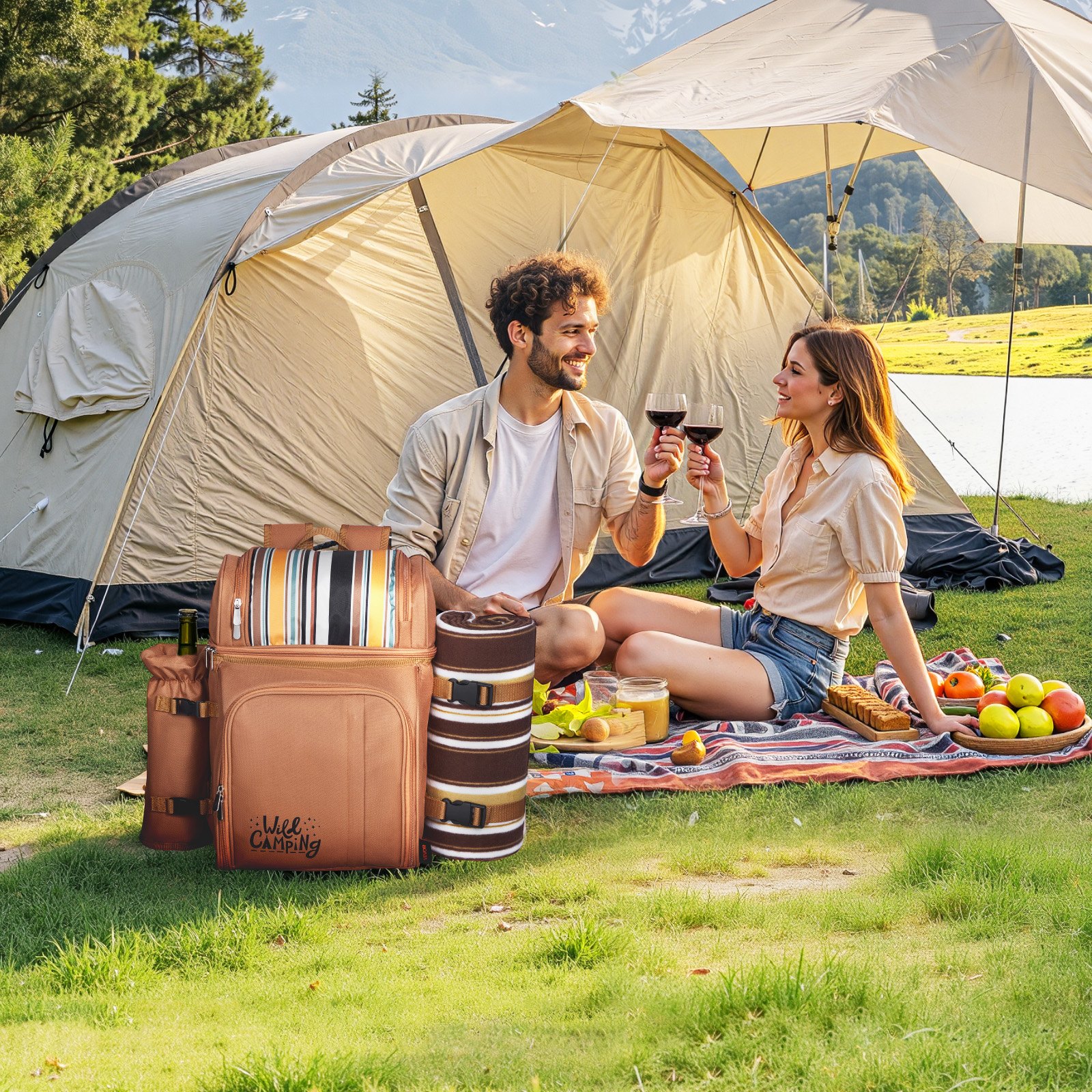 VEVOR Picknickrucksack Picknicktasche Outdoor (25 L) für 4 Personen mit isoliertem & Kühlfach & abnehmbarem Flaschen-/Weinhalter, leichter Decke, Teller- und Besteckset zum Wandern Camping, Braun