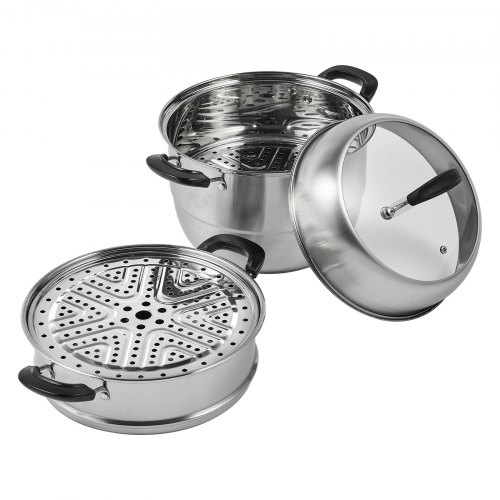VEVOR 28cm Dampfgarer Topf Edelstahl mit Glasdeckel, 3 Etagen Dampfkocher Dampftopf Induktion Gardampftopf Dampfkochtopf Kochtopf Ideal für Gemüse,
