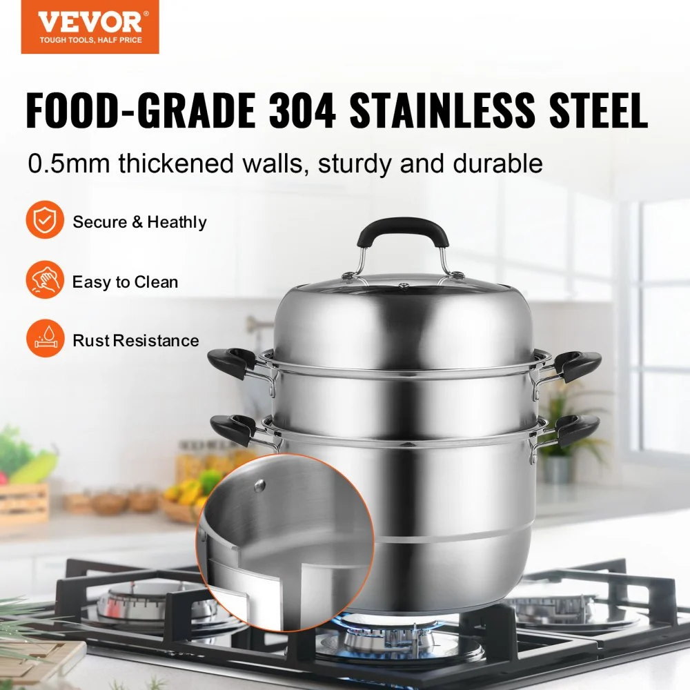 VEVOR 28cm Dampfgarer Topf Edelstahl mit Glasdeckel, 3 Etagen Dampfkocher Dampftopf Induktion Gardampftopf Dampfkochtopf Kochtopf Ideal für Gemüse, Fisch, Suppe, Knödel (inkl. 2 Dampfgarer-Einsätze)