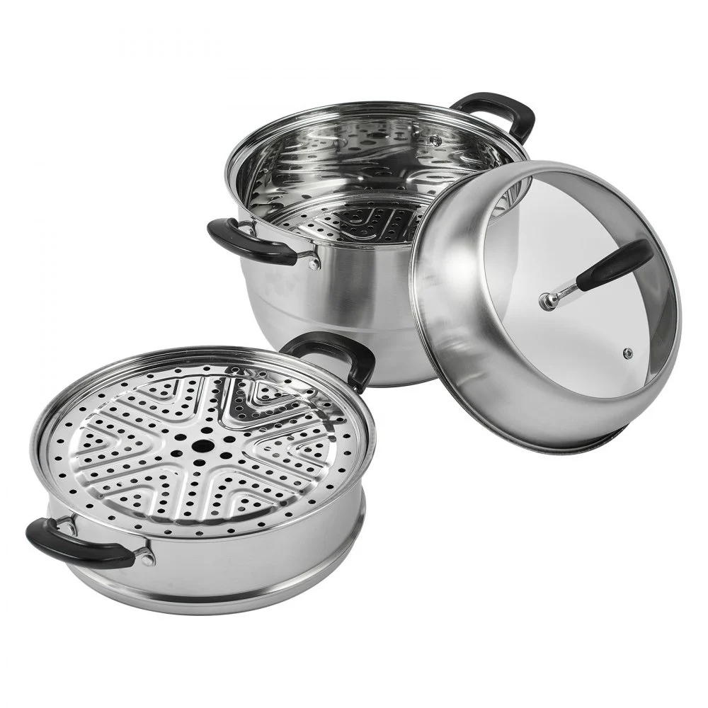 VEVOR 28cm Dampfgarer Topf Edelstahl mit Glasdeckel, 3 Etagen Dampfkocher Dampftopf Induktion Gardampftopf Dampfkochtopf Kochtopf Ideal für Gemüse, Fisch, Suppe, Knödel (inkl. 2 Dampfgarer-Einsätze)