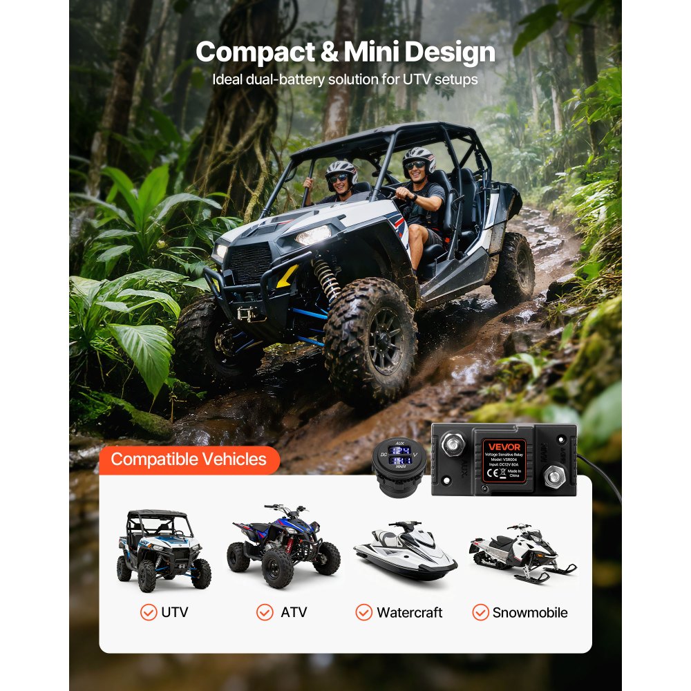 VEVOR Doppelbatterie Trennrelais Kit, 12 V, 80 A, VSR-spannungsempfindliches Relais mit Voltmeter, LCD-Bildschirm, Batterie-Trennschalter, kompatibel mit Blei-Säure-Batterien, für UTV, ATV