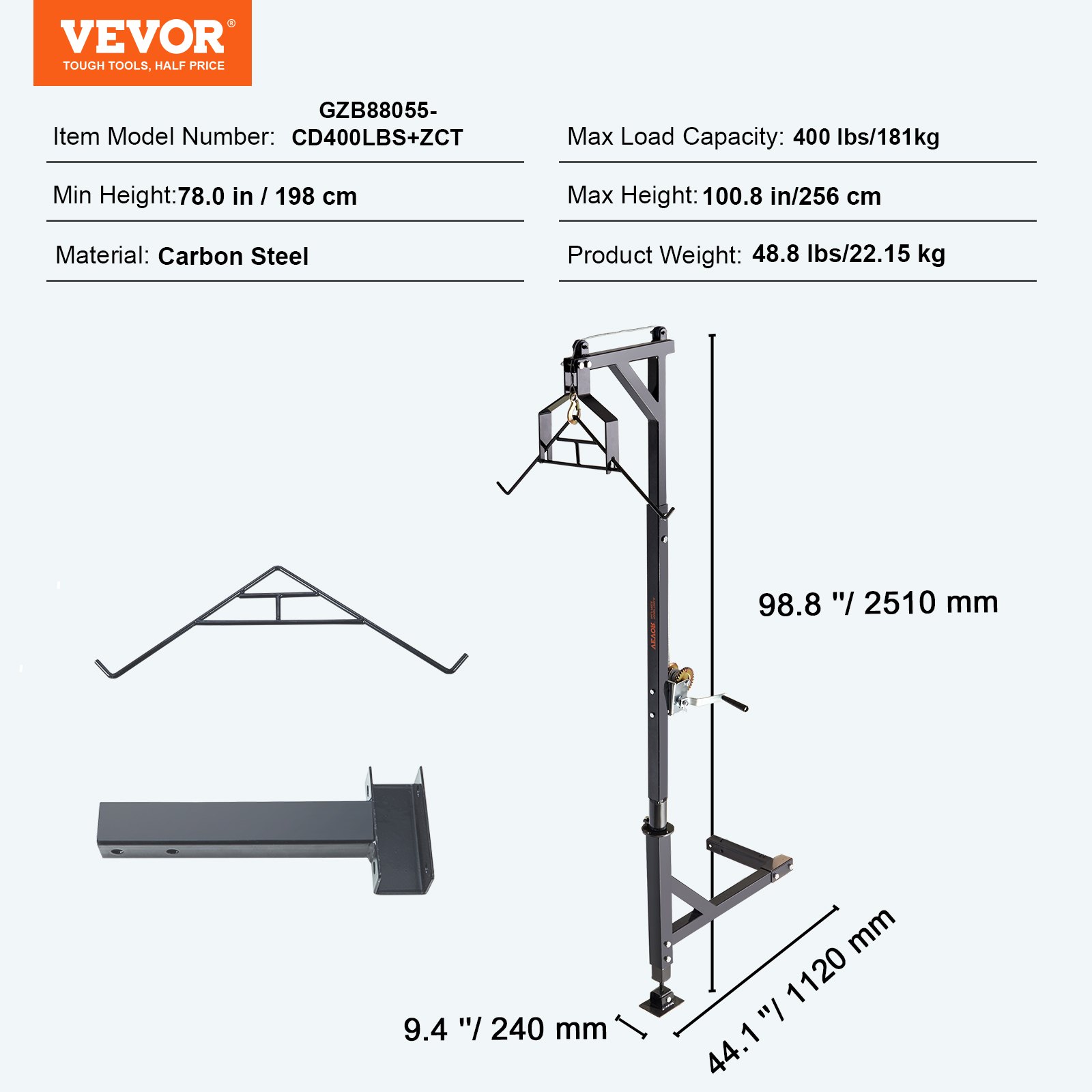 VEVOR Hitch Mounted Deer Hoist Hitch Game Hoist 400lbs Windenwirbel mit Gambrel