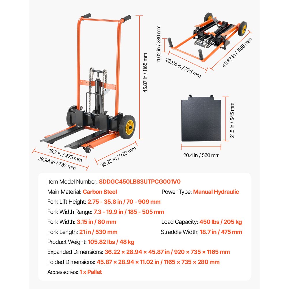 VEVOR Plattformstapler, Tragkraft 205 kg, Plattformhochhubwagen mit Gabelhubtisch, maximale Hubhöhe 90 cm, Hochhubwagen mit Winde, Materiallift Stapler, Ideal für Fabriken, Lagern & Supermärkten