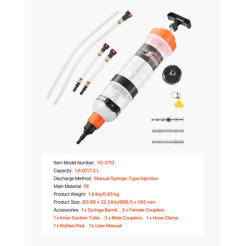VEVOR 1.5 L Fluid Extractor, Manual Automotive Fluid Pump Extractor, Oil Syringe with Long Hose and Extension Tubes Easy Oil Change, Suction Pump for Lawn Mowers Cars Ships Golf Carts Motorcycles