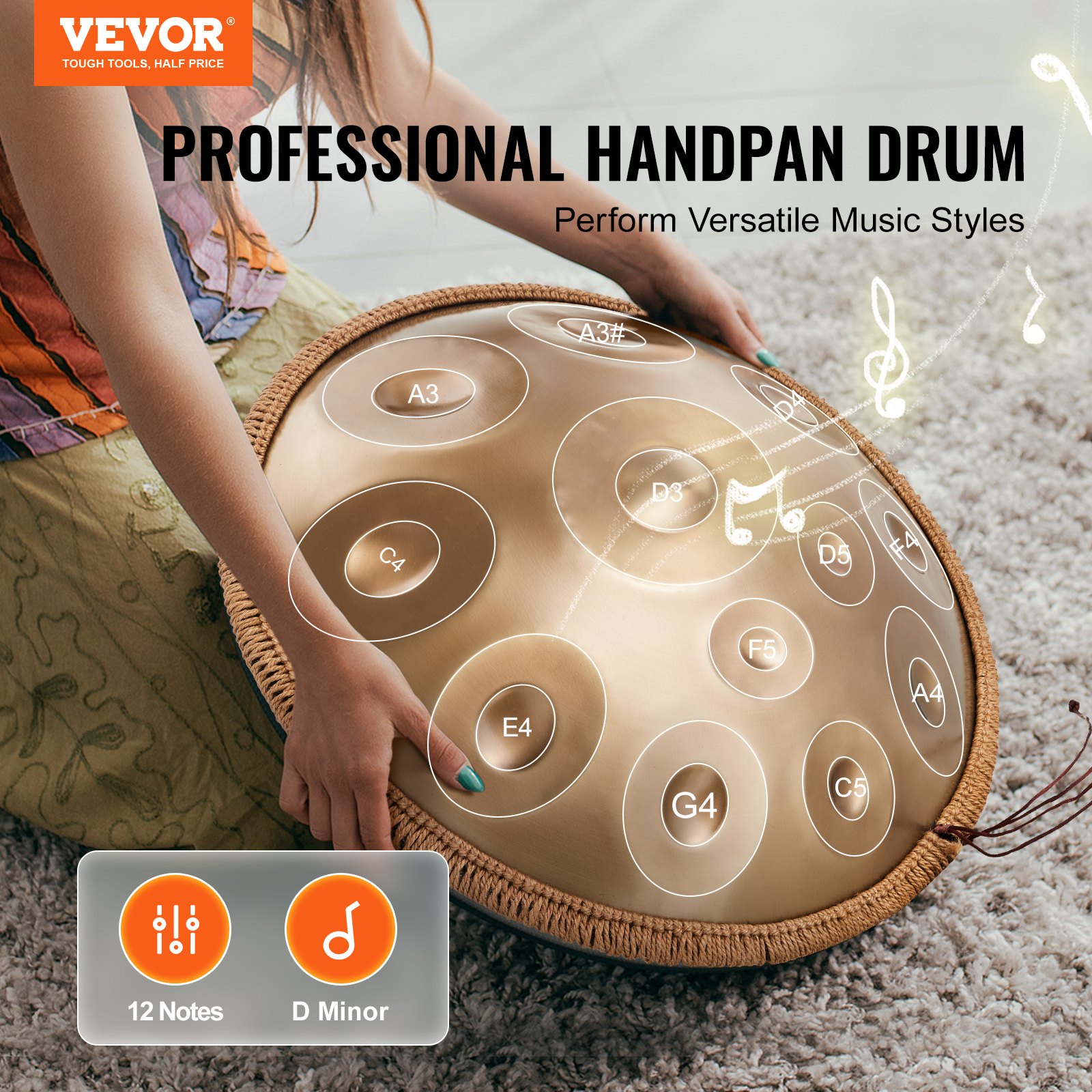 VEVOR Handpan, 55 cm, 12 Noten, D-Moll-Handtrommel, Drum-Instrument mit Schlägeln, 440-Hz-Handpan-Ständer & Tragetasche, Heilende Klangtrommel aus Stahl, Schlaginstrumente für Erwachsene & Anfänger