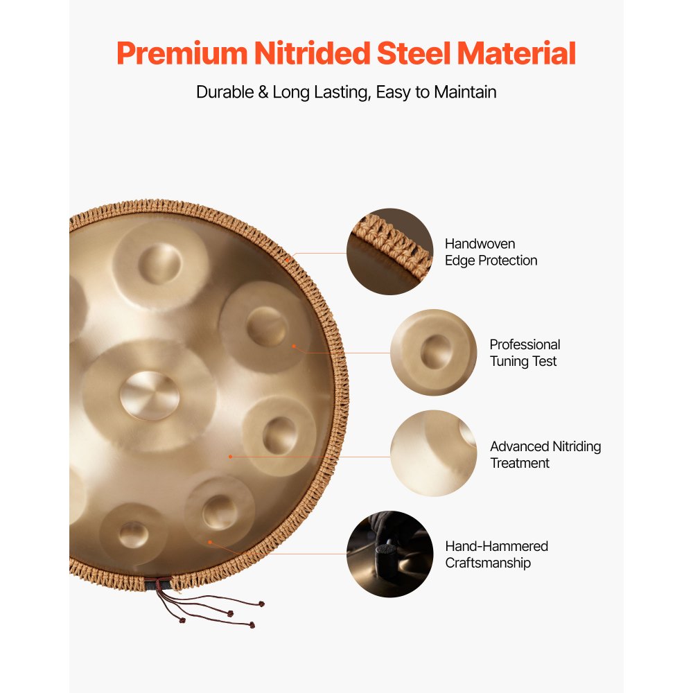 VEVOR Handpan Drum, 55 cm, 9-Ton-Stahlzungentrommel, 432 Hz, D-Moll, mit gewebtem Randschutz, 2 Schlägeln & Tragetasche, farbbeständiges Schlaginstrument für professionelle Auftritte