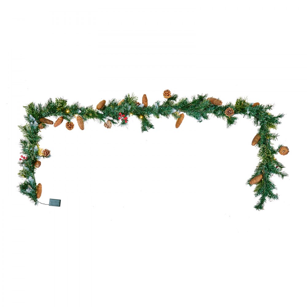 VEVOR Weihnachtsgirlande, 2750 mm künstliche Tannengirlande mit Lichterkette, Weihnachtsdeko mit Beeren-Büscheln, Tannennadeln, Tannenzapfen, realistische Weihnachtskollektion für Kaminsims & Kamin