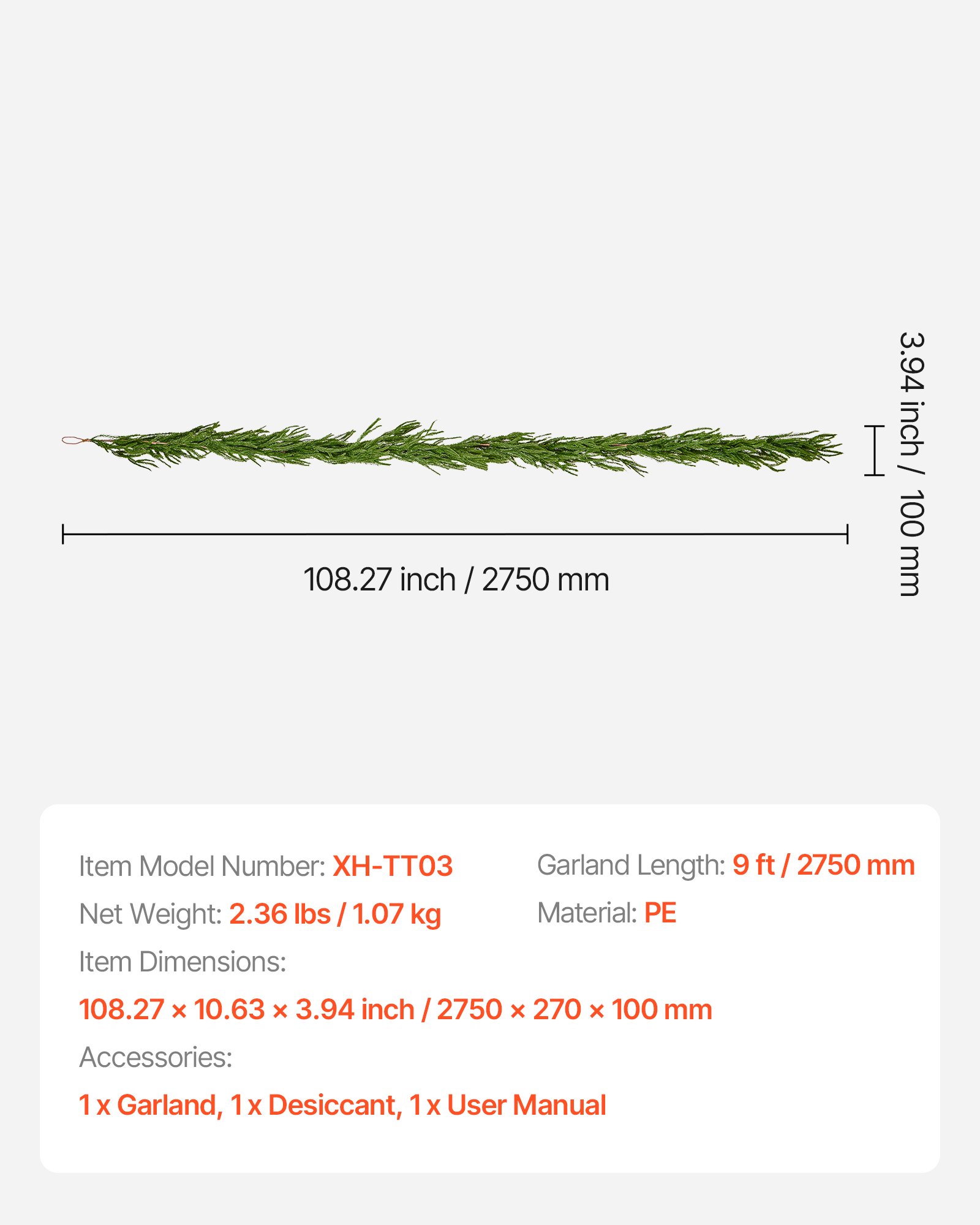 VEVOR Weihnachtsgirlande, 2750 mm, realistische Norfolk-Kieferngirlande, Tannengirlande, künstliche Grüngirlanden, für Weihnachtsdeko im Innen- & Außenbereich auf Tisch, Kaminsims und Kamin
