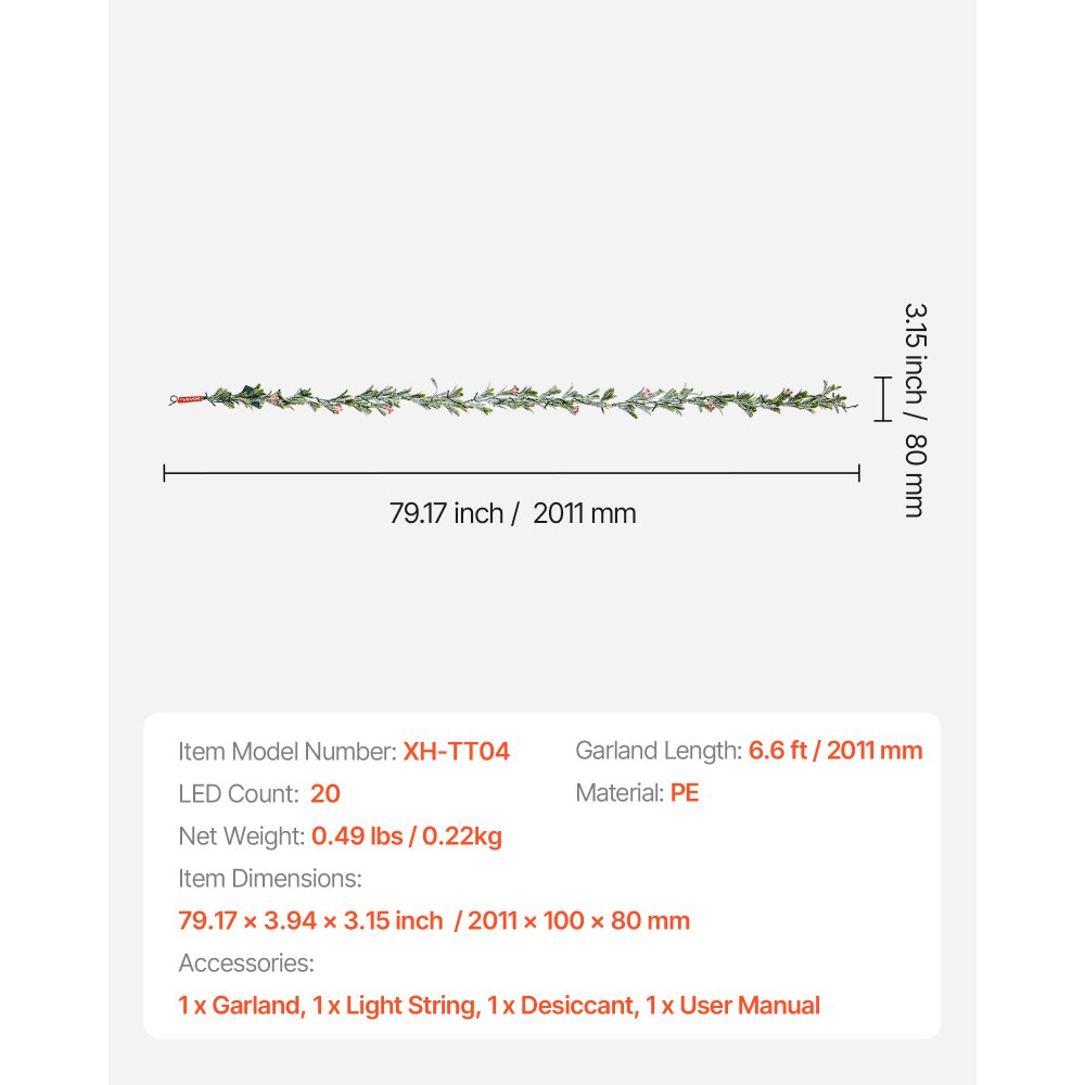 VEVOR Weihnachtsgirlande, 2 m, realistisches Grün, Tannengirlande, dekoriert mit Weinreben, Olivenblättern & Beeren, immergrüne Kunstgirlanden mit Lichterkette, Weihnachtsdeko für Kaminsims