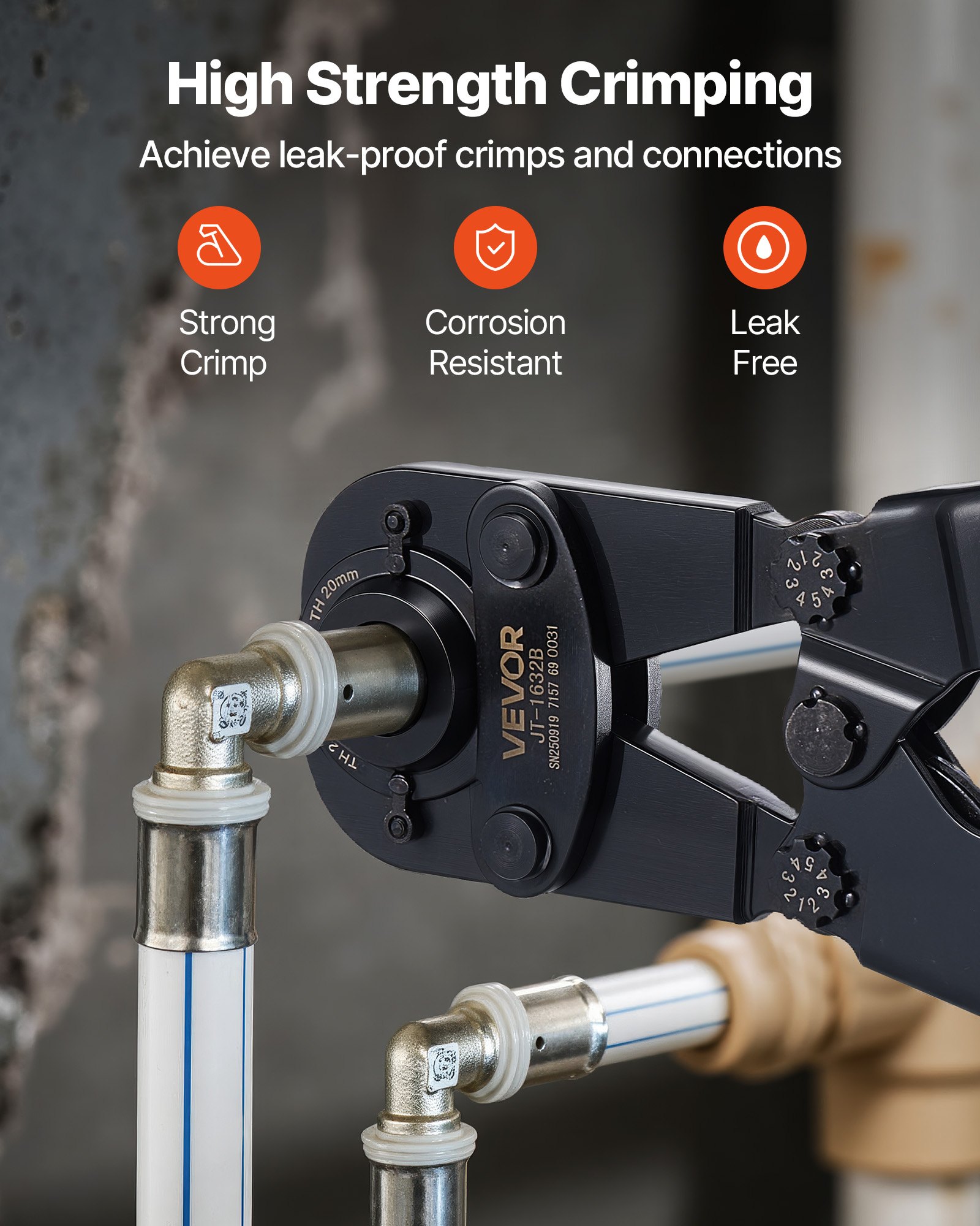 VEVOR Crimpzange, PEX- & Aluminium-Kunststoff-Rohre mit TH12-, TH16-, TH20-, TH26- & TH32-Backen & biegsamem Griff, Presszange mit Aufbewahrungskoffer für Rohrreparaturen & -installationen