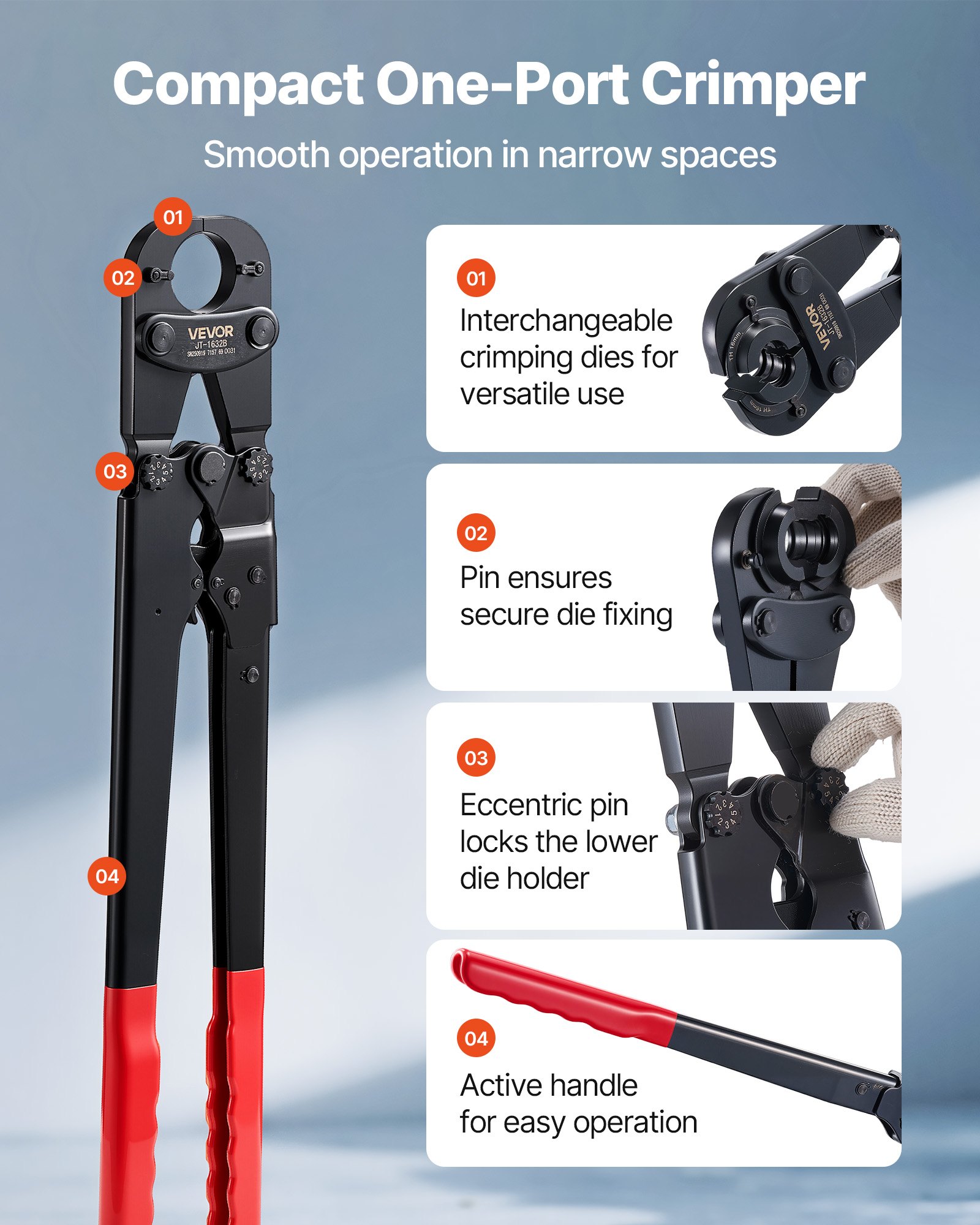 VEVOR Crimpzange, PEX- & Aluminium-Kunststoff-Rohre mit TH12-, TH16-, TH20-, TH26- & TH32-Backen & biegsamem Griff, Presszange mit Aufbewahrungskoffer für Rohrreparaturen & -installationen