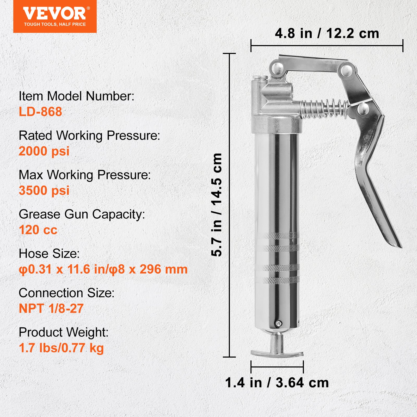 VEVOR Fettpresse, 3500 PSI, 4 OZ / 120 CC Kapazität, professionelle Handhebelpresse, mit 11,65-Zoll-Flexschlauch, 2 schwarzen Flachkupplungen, 1 verstärkter Düse und 2 starren Metallrohren