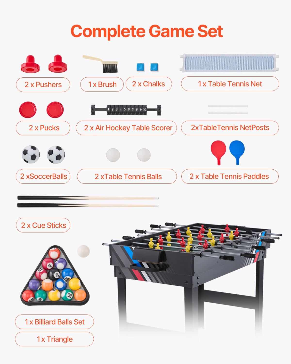VEVOR 4 in 1 Combination Game Table Set Air Hockey Table (122 cm), Multi-Combination Table with Air Hockey & Pool Billiards & Table Football & Ping Pong & Pushers & Pucks, Arcade Table for Family Game Room