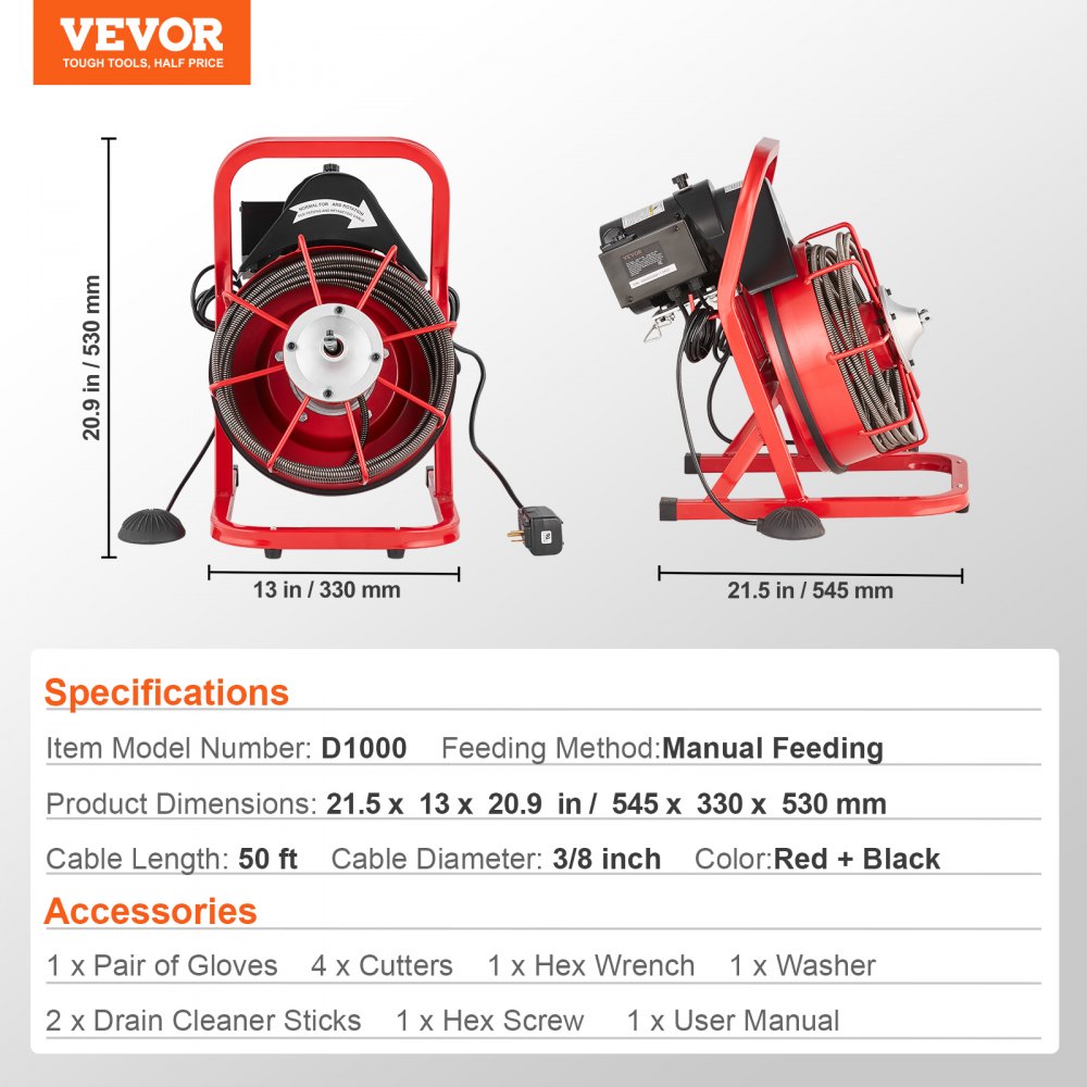VEVOR Rohrreinigungsmaschine 50 FT x 3/8 Zoll, Kanalisationsspirale mit manueller Zuführung, 250 W elektrische Rohrreinigungsmaschine mit 4 Schneidern und luftaktiviertem Fußschalter für 2" bis 4" Rohre