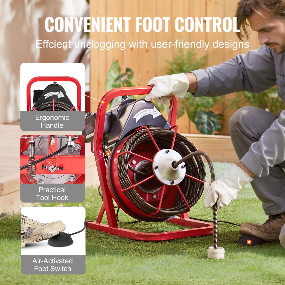 VEVOR Pipe Cleaning Machine 50 FT x 1/2 Inch, Sewer Spiral with Manual Feed, 250 W Electric Pipe Cleaning Machine with 4 Cutters and Air-Activated Foot Switch for 2" to 4" Pipes