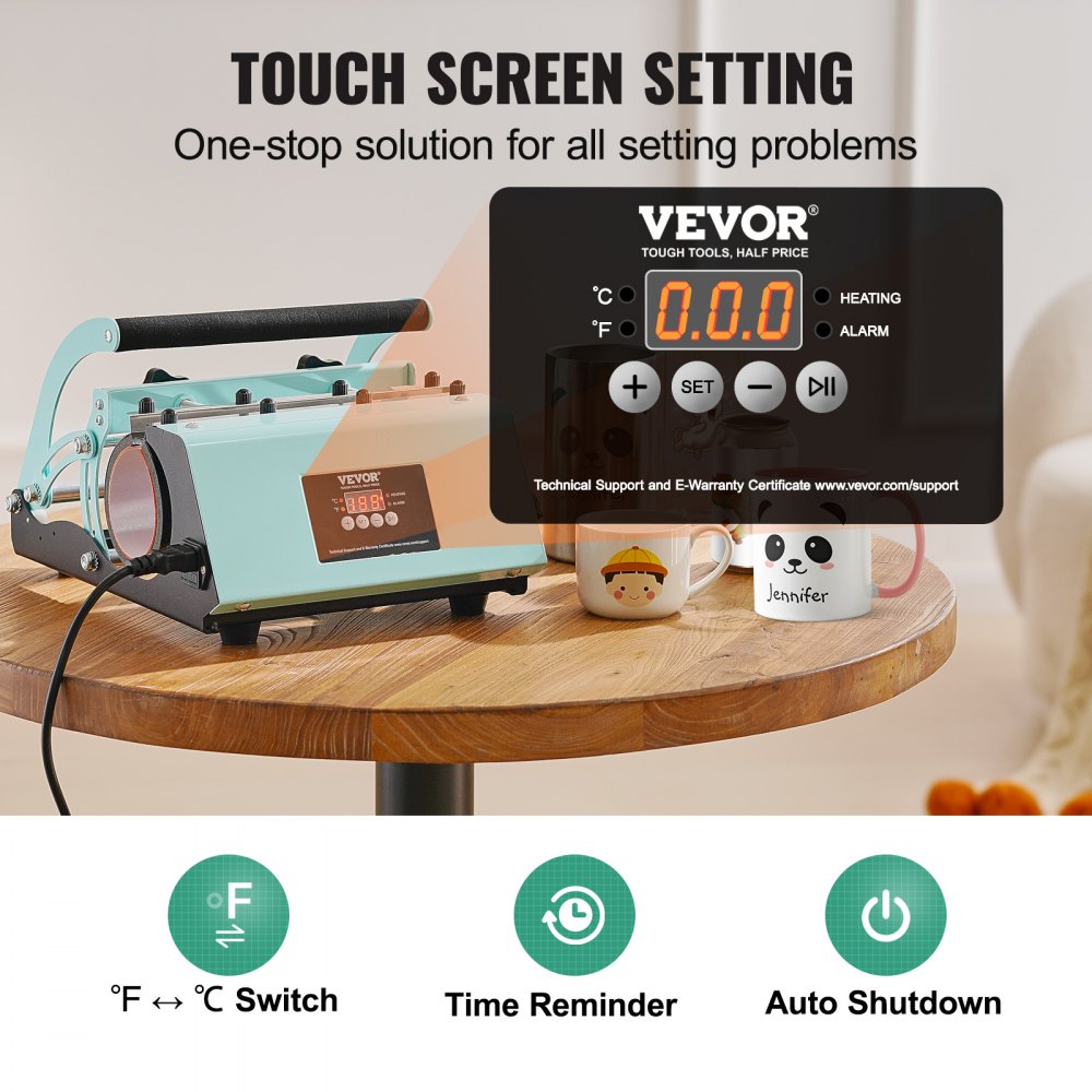 VEVOR Tumbler Heat Press, 11-30 oz Mug Press, Fast and Even Heating, Tumbler Press with Sublimation Paper, Tape and Gloves, Temperature and Time Setting, for Sublimation Mugs, Cups, Cups, Green