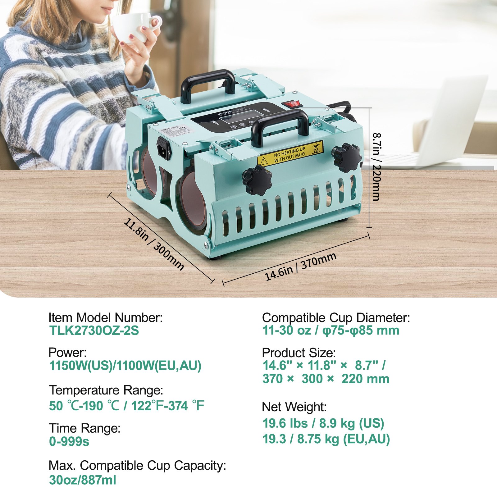 VEVOR Tumbler Hitzpresse 2 Station 312-850g Becher-Presse Sublimation Presse