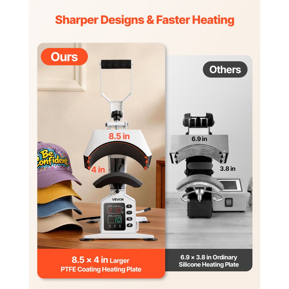 VEVOR Hat Heat Press Machine, 215 x 100 mm Large Heating Plate, with Caps Stretcher, Precise Temperature & Time Control, Heat Press for Hats and Caps, for HTV Iron On and Sublimation Projects, White
